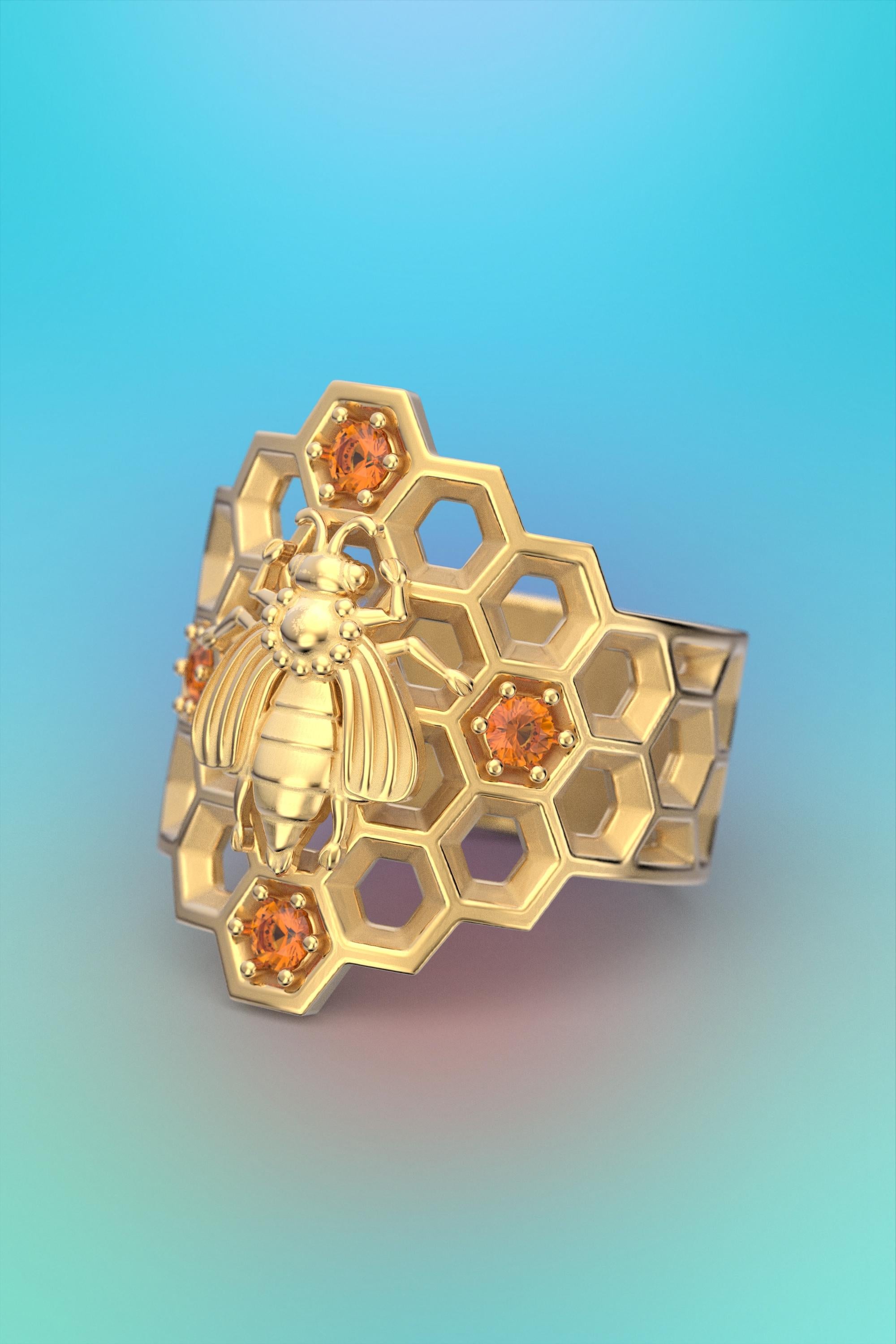 For Sale:  Honeycomb Bee Ring in 18k Solid Gold with natural Orange Spessartite Garnet 9