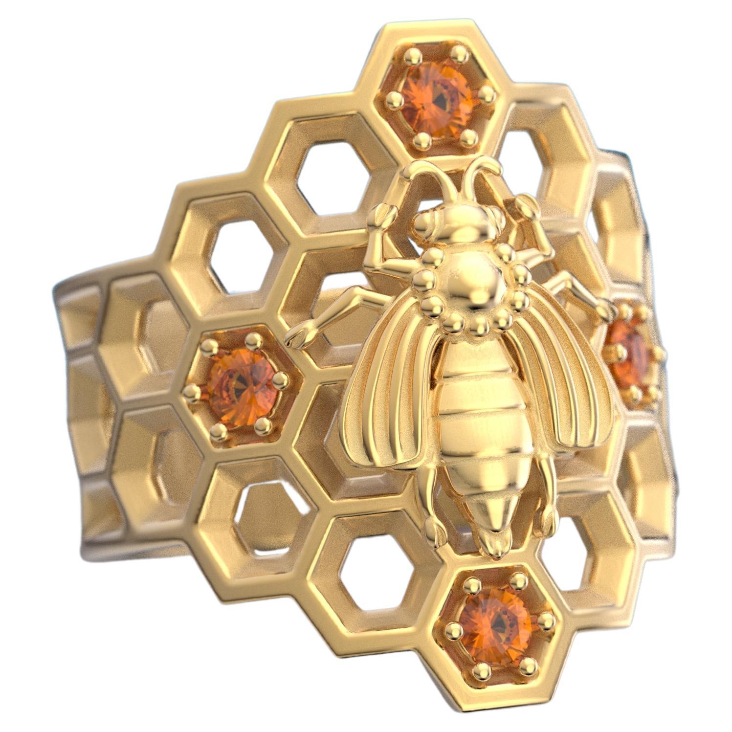 For Sale:   Honeycomb Bee Ring in 18k Solid Gold with natural Orange Spessartite Garnet