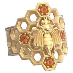 Anillo Abeja Panal de Oro Macizo de 18k con Granate Espesartita Naranja natural