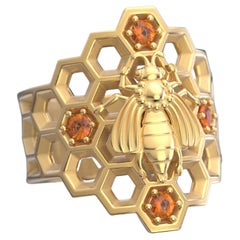  Bague abeille en nid d'abeille en or massif 18 carats avec grenat spessartite orange naturel