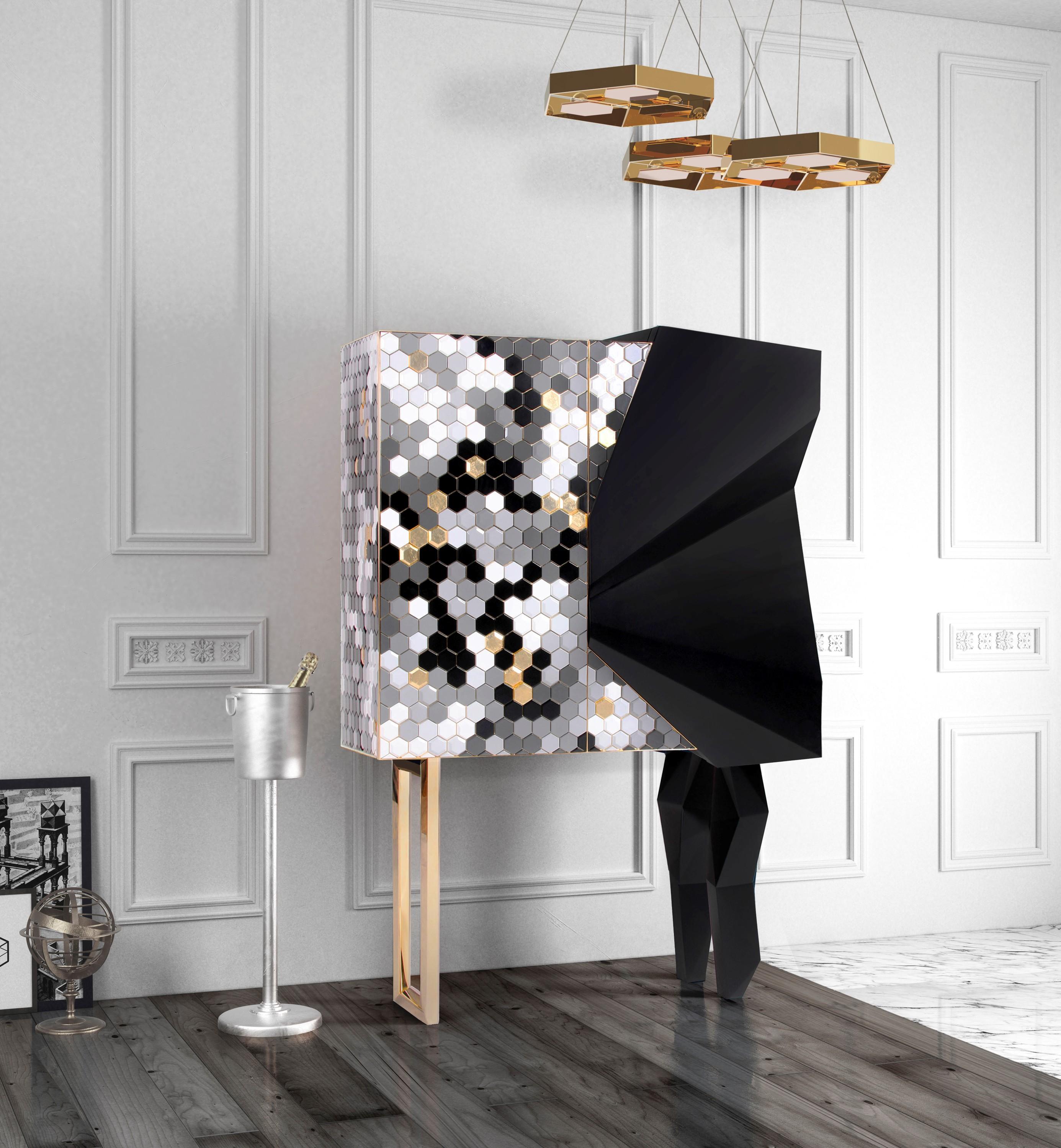 Honeycomb black and gold leaf cabinet, Royal Stranger
Dimensions: 185 x 126 x 60 cm
Materials: Black Pearl color combination with gold leaf and stainless steel coated in brass.

Inspired by one of the most intrinsic forms of nature, this