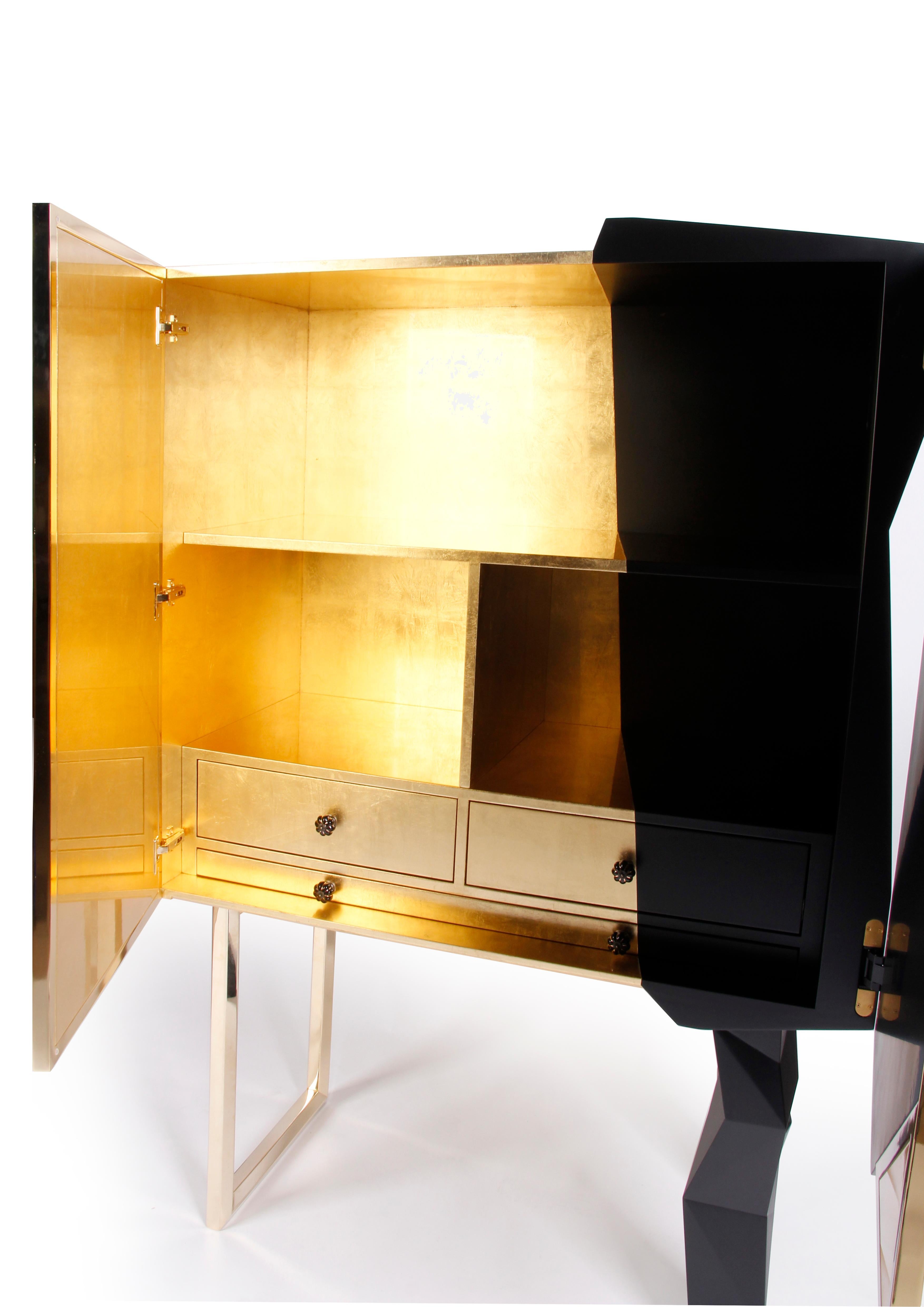 Modern Honeycomb Black and Gold Leaf Cabinet, Royal Stranger For Sale