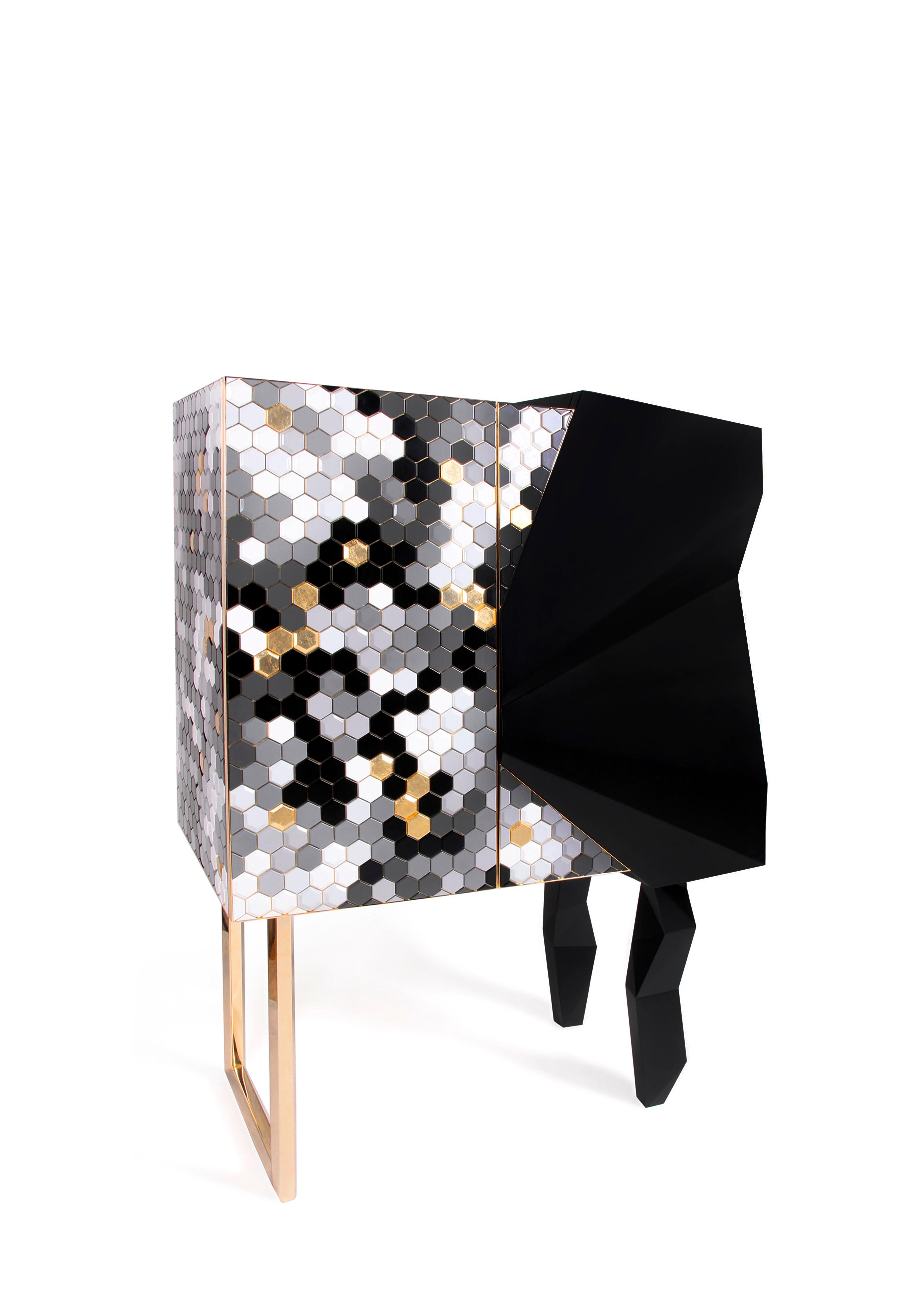 Contemporary Honeycomb Black and Gold Leaf Cabinet, Royal Stranger For Sale