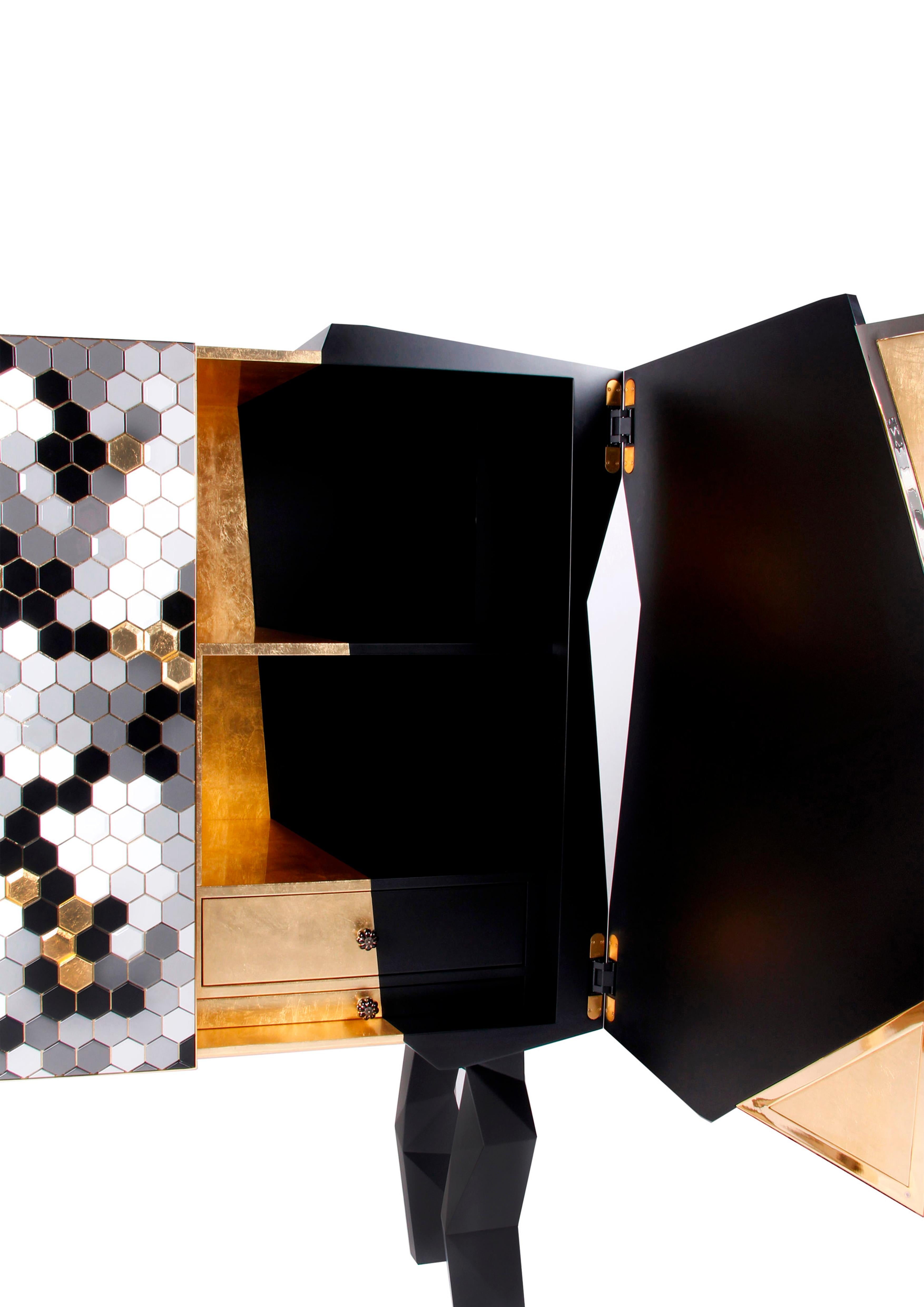 Contemporary Honeycomb Black and Gold Leaf Cabinet, Royal Stranger