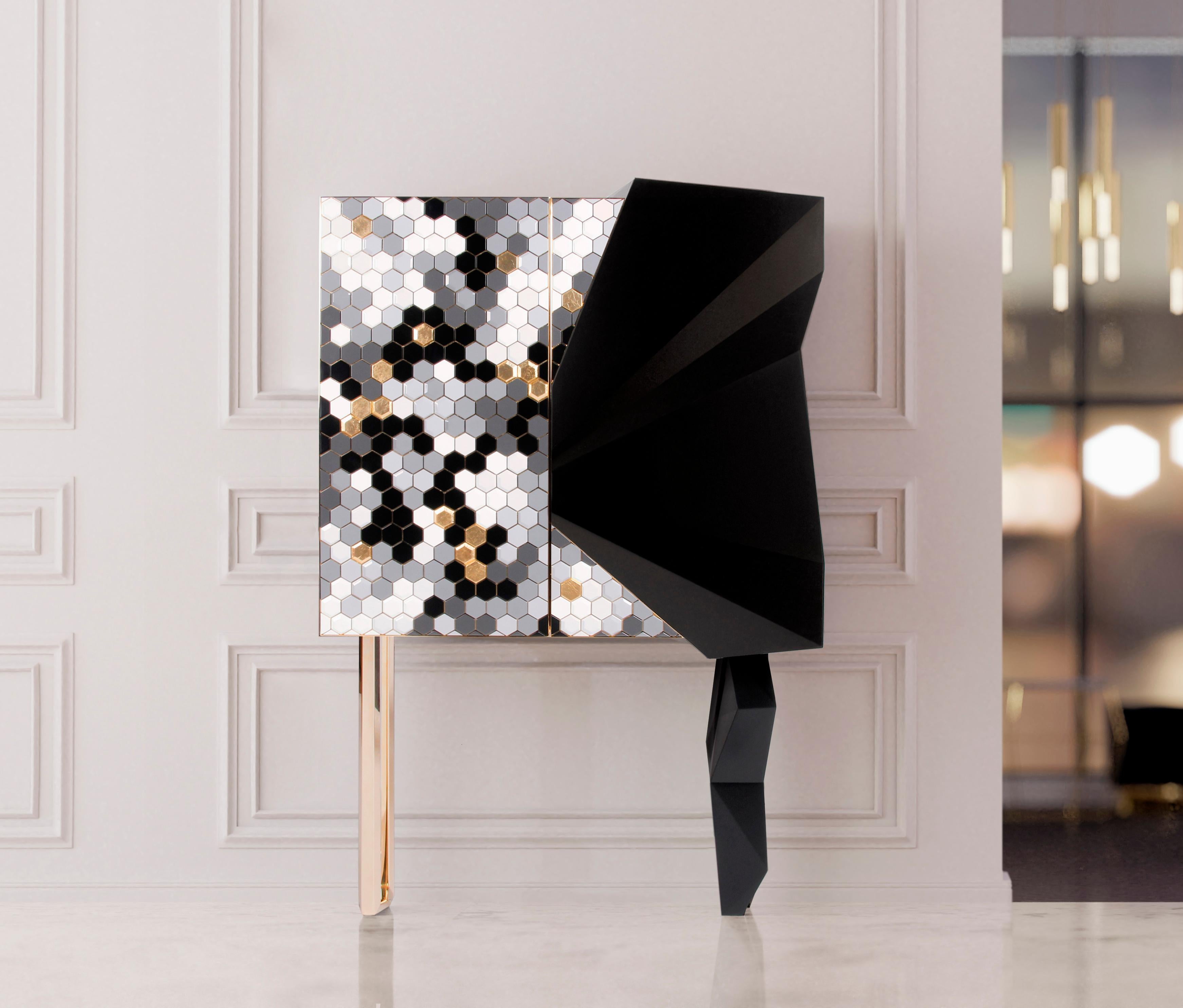 Contemporary Honeycomb Blue and Gold Leaf Cabinet, Royal Stranger