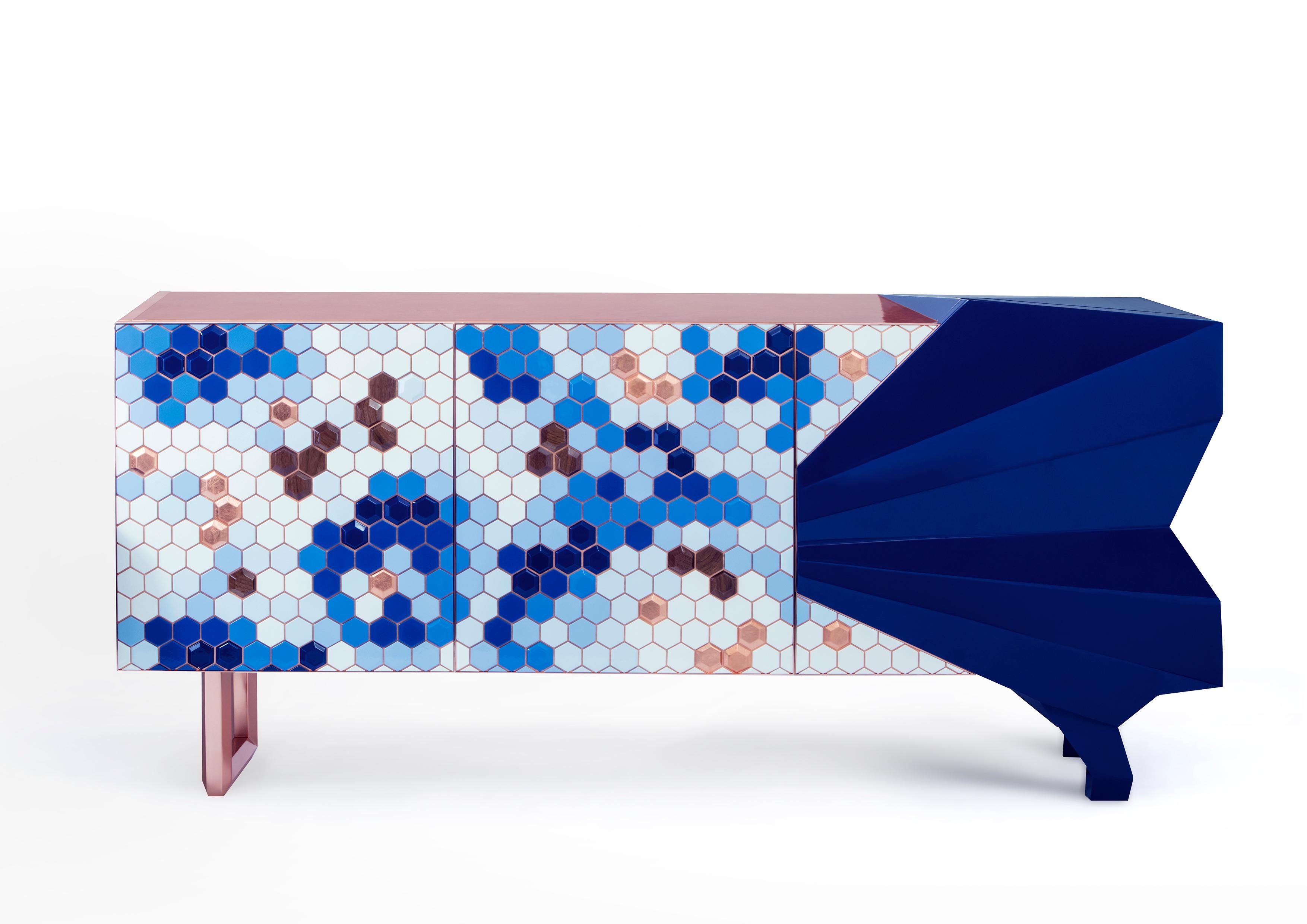 Contemporary Honeycomb Blue Sideboard Royal Stranger For Sale