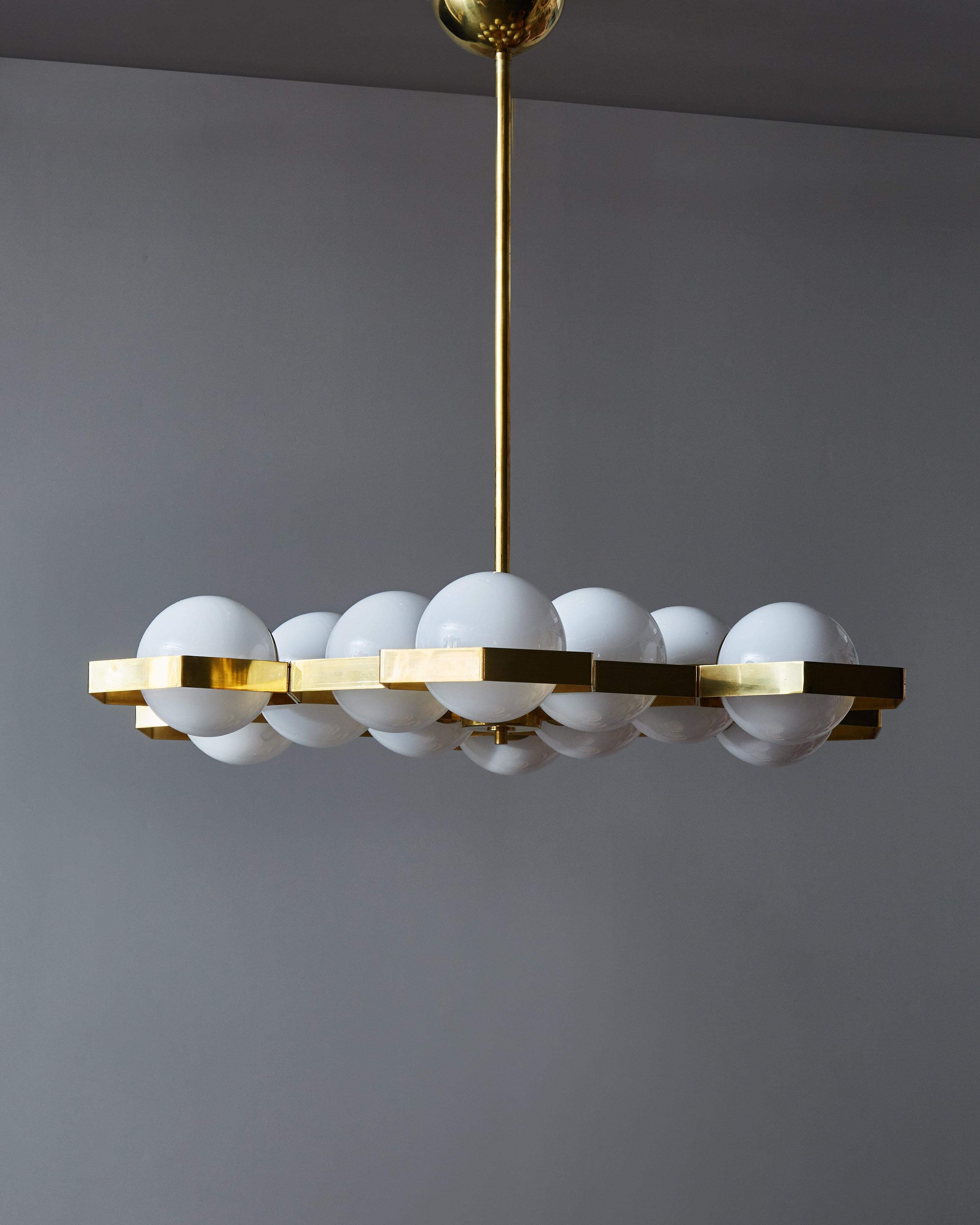 Modern Honeycomb Brass and Glass Chandelier