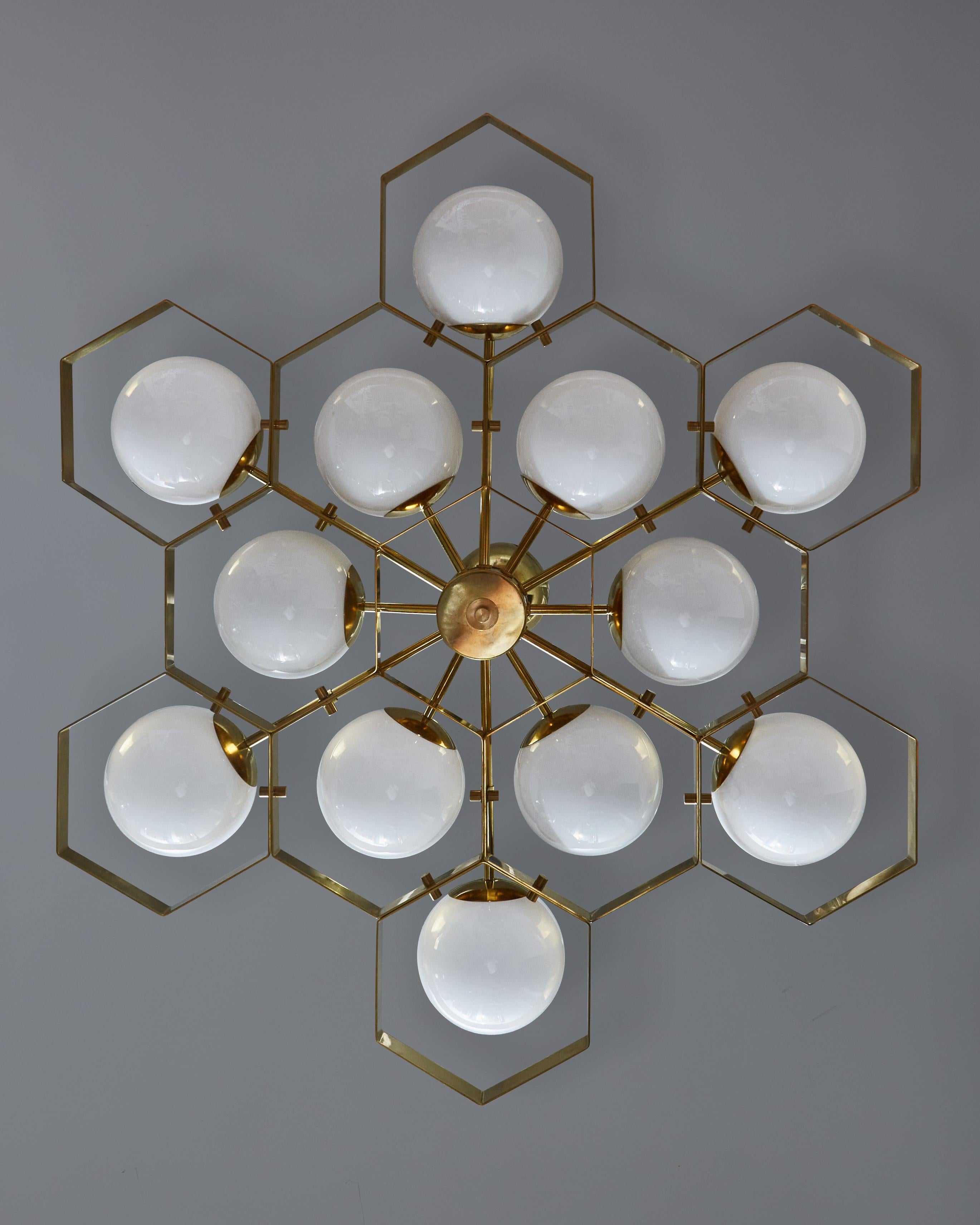 Contemporary Honeycomb Brass and Glass Chandelier