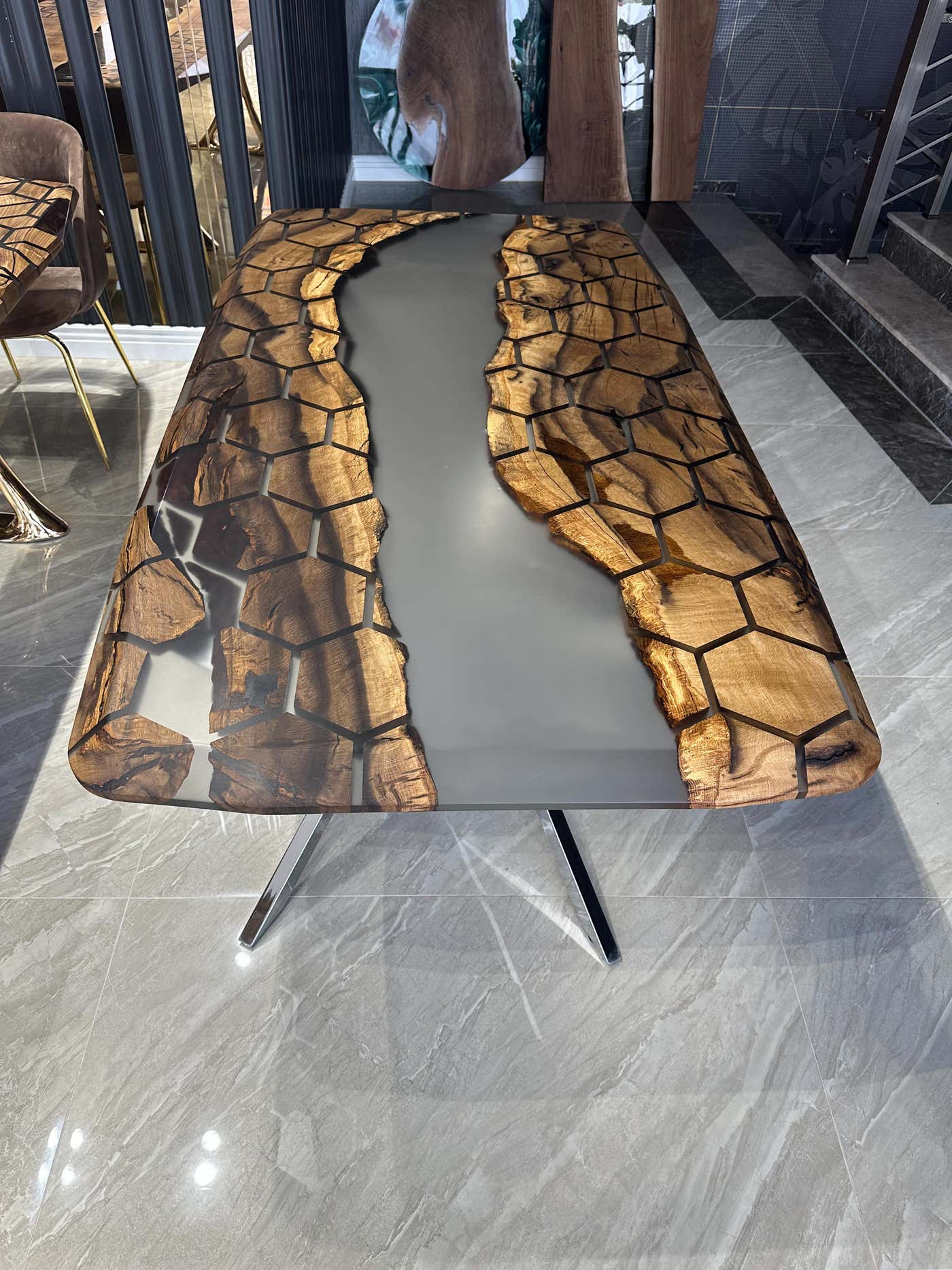 Hexagon Design Epoxy Resin River Gray Dining Table - River Resin Table ...
