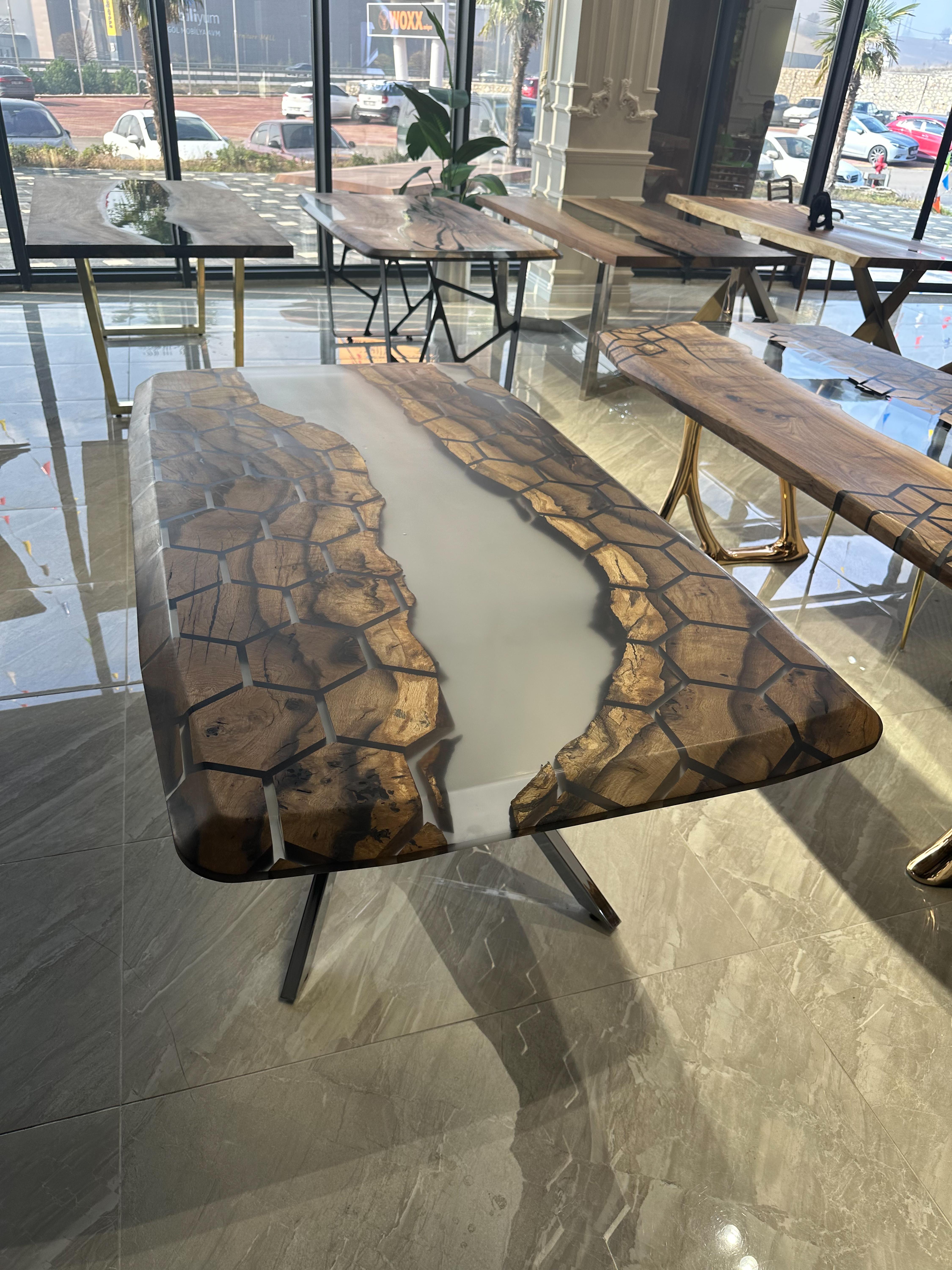 Turkish Honeycomb Design Modern Epoxy Resin River Gray Dining Table For Sale