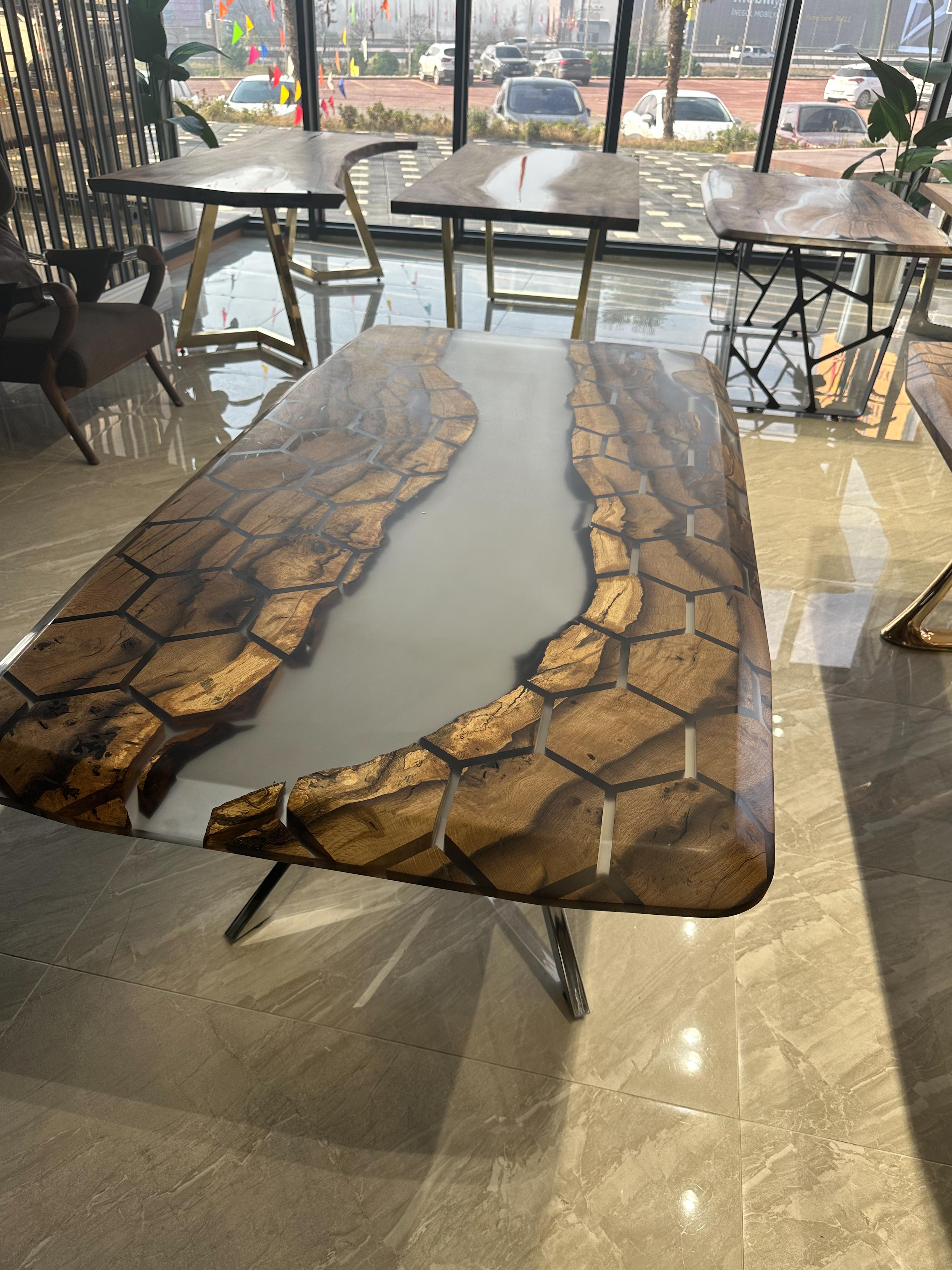 Woodwork Honeycomb Design Modern Epoxy Resin River Gray Dining Table For Sale