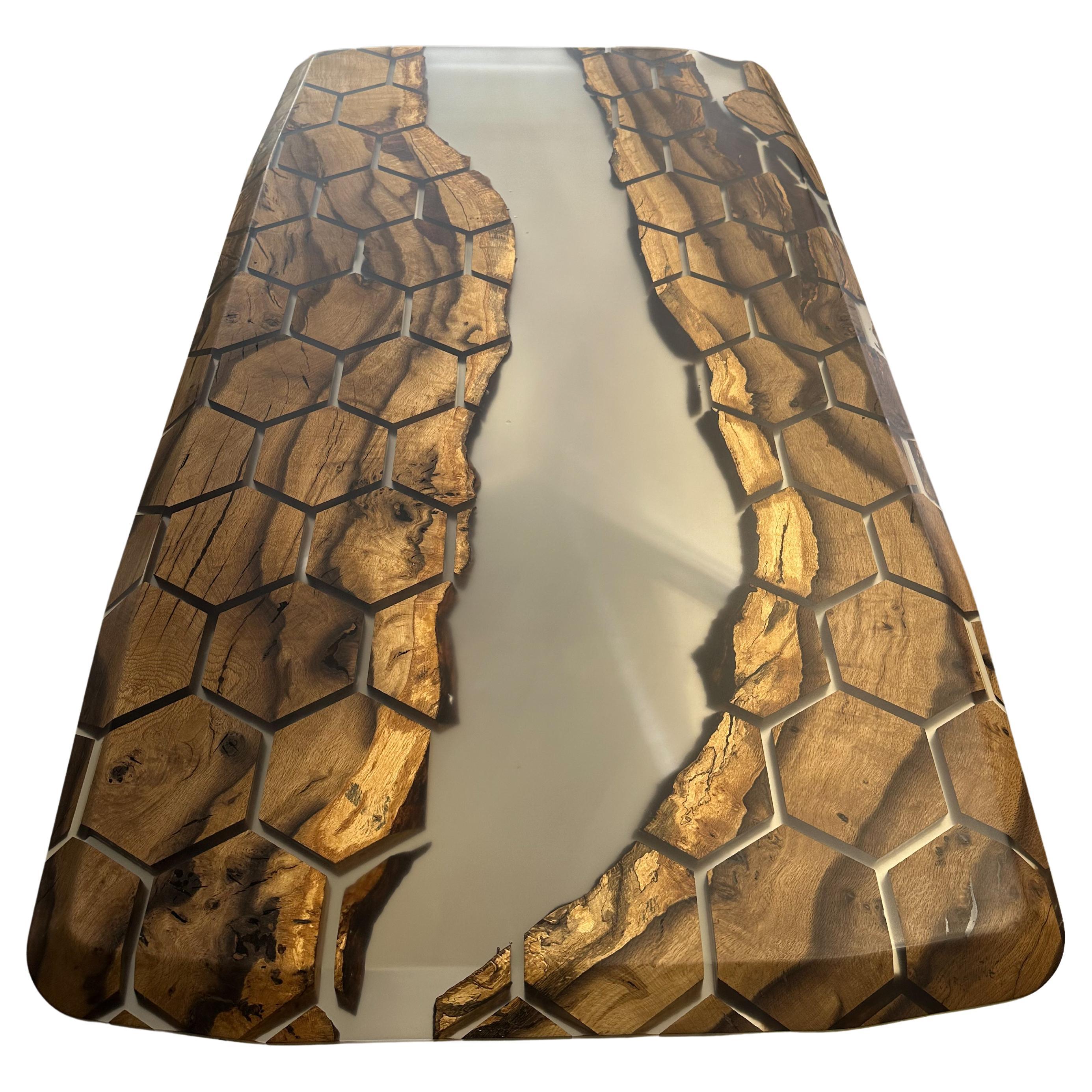 Honeycomb Design Modern Epoxy Resin River Gray Dining Table For Sale