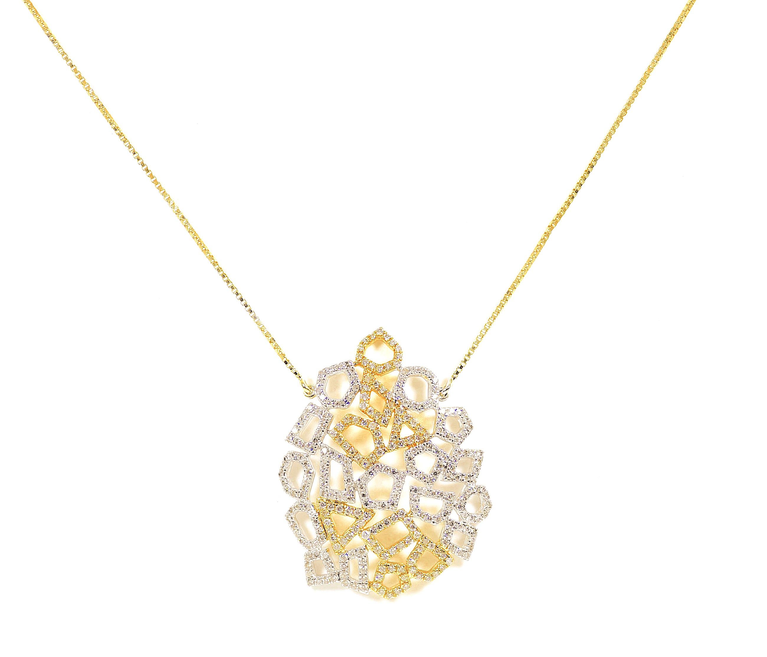 This one of a kind gorgeous honey comb necklace showcases sparkling round diamonds in micropave setting in fine 18k yellow and white gold. 
The box chain is an 18k yellow gold chain of length 18