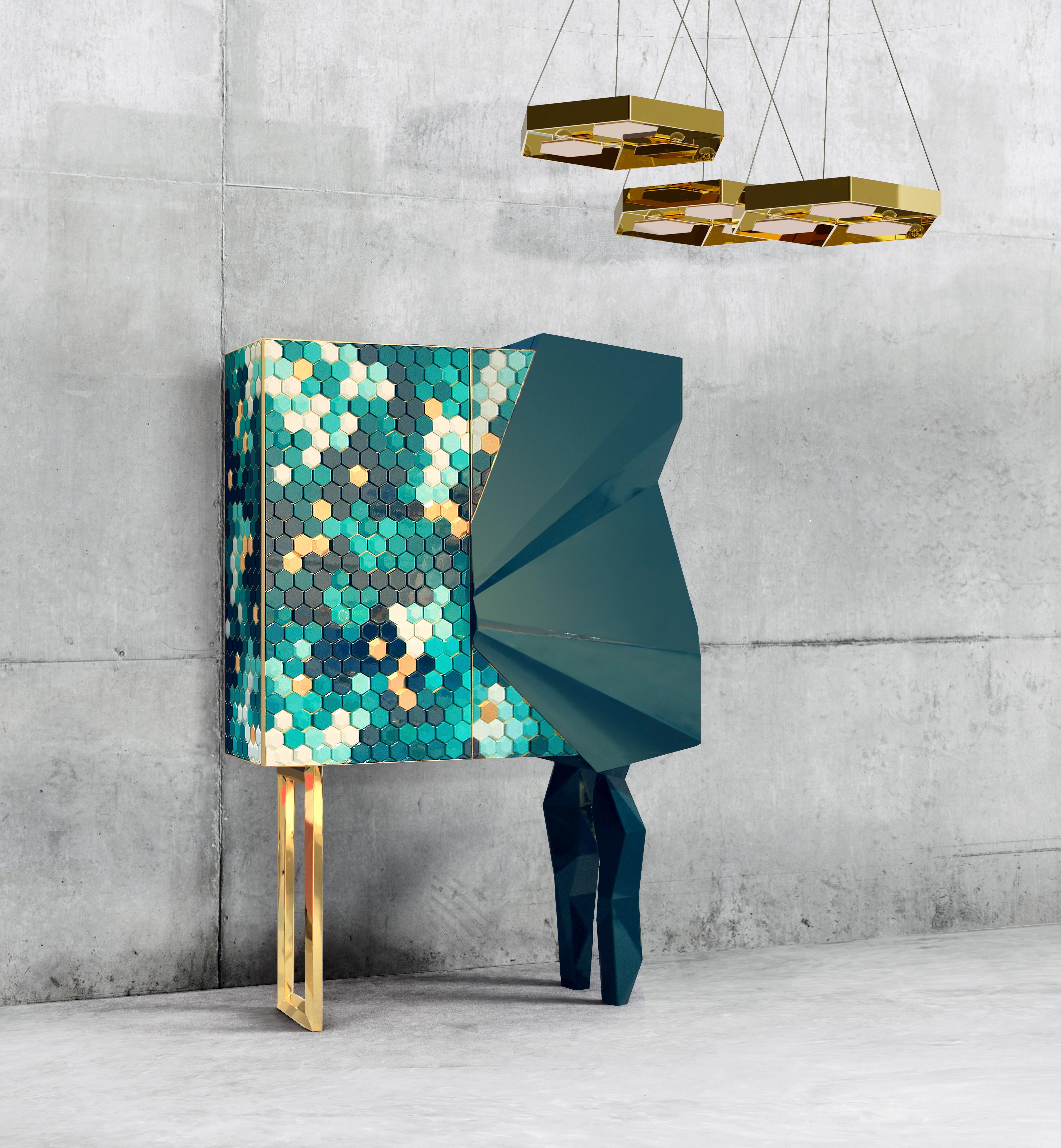 Honeycomb Emerald cabinet, Royal Stranger
Dimensions: 185 x 126 x 60 cm
Materials: Black pearl color combination with gold leaf and stainless steel coated in brass.

Inspired by one of the most intrinsic forms of nature, this sideboard