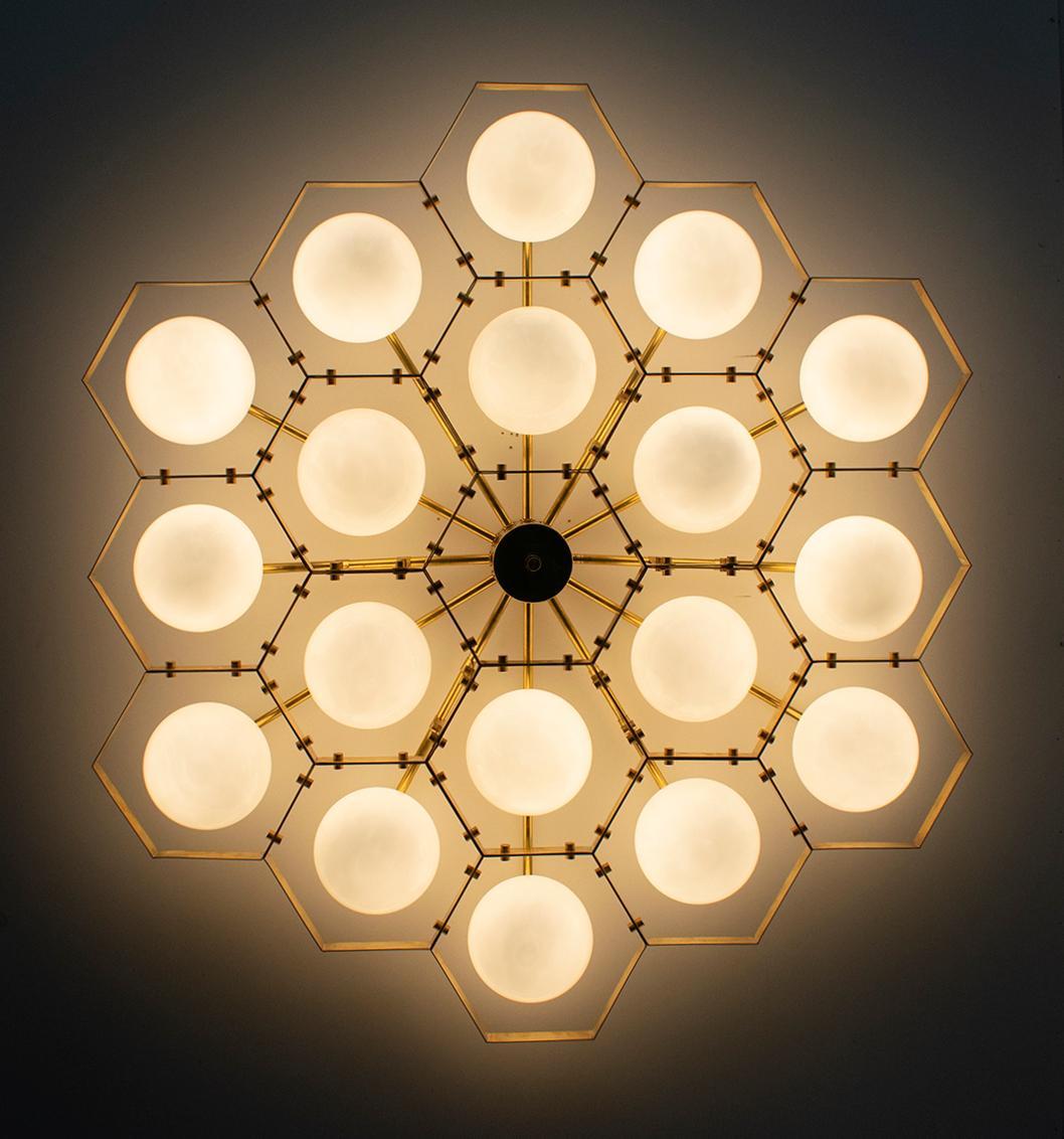 Italian flush mount with Murano globes mounted on solid brass frame / Made in Italy
Designed by Fabio Ltd, inspired by Angelo Lelli and Arredoluce styles
18 lights / E12 or E14 type / max 40W each 
Diameter: 59 inches / Height: 11 inches
Order only