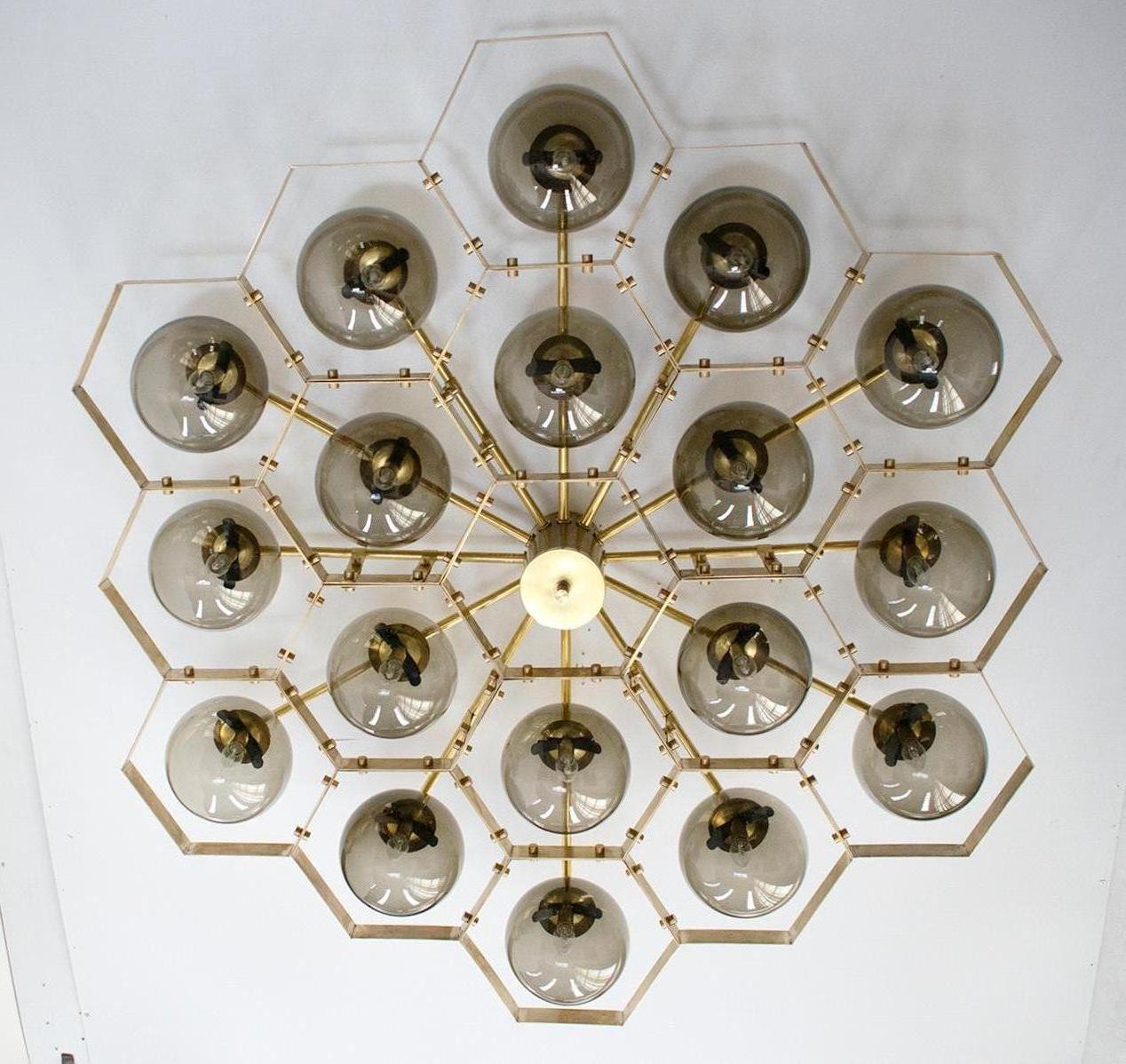 Italian flush mount with Murano globes mounted on solid brass frame / Made in Italy
Designed by Fabio Ltd, inspired by Angelo Lelli and Arredoluce styles
18 lights / E12 or E14 type / max 40W each 
Diameter: 59 inches / Height: 11 inches
Order only