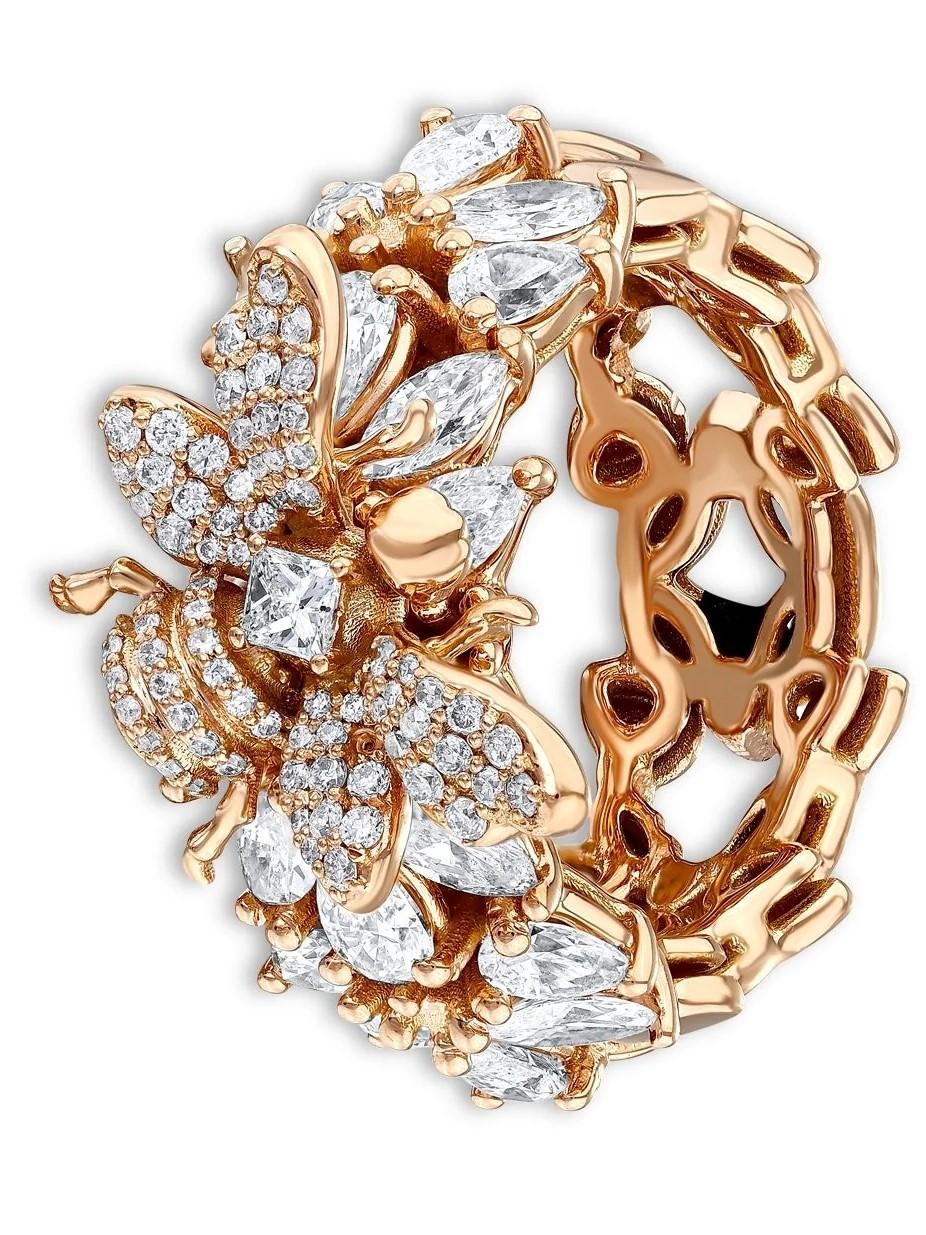 Wabenförmiger Ring aus Gold und weißen Diamanten im Baguette- und Birnenschliff (Baguetteschliff) im Angebot