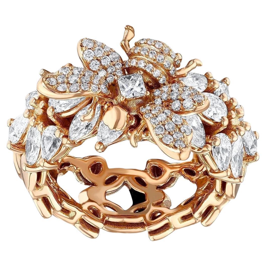 Wabenförmiger Ring aus Gold und weißen Diamanten im Baguette- und Birnenschliff im Angebot