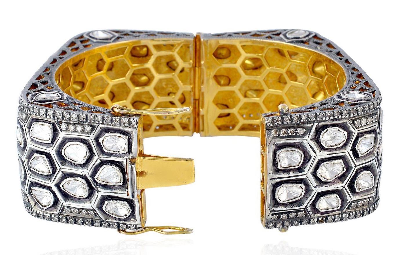 16.04 Carat  Rose Cut Diamond Honeycomb Bracelet Cuff In New Condition For Sale In Hoffman Estate, IL