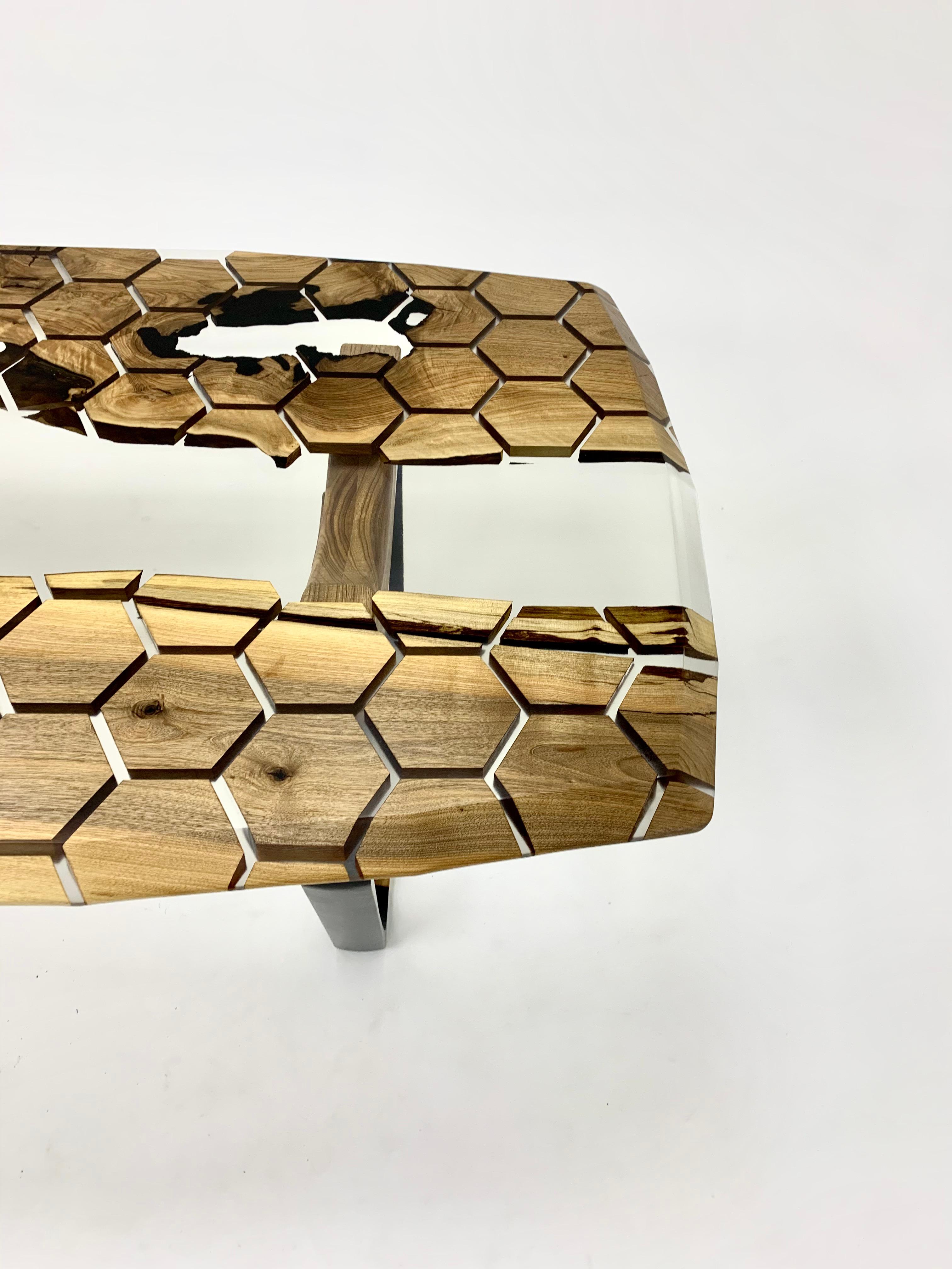 Hand-Crafted Honeycomb Model Clear Walnut Epoxy Resin River Table  For Sale