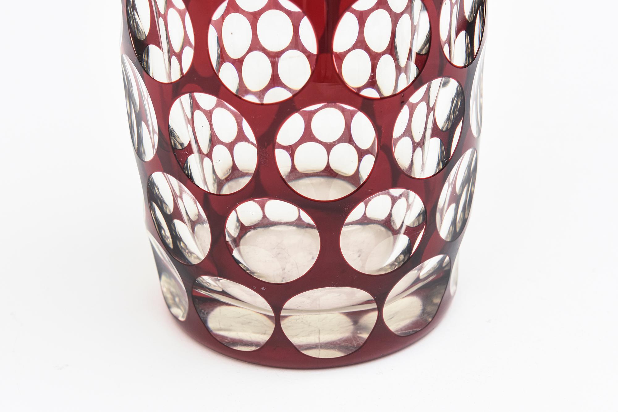 Honeycomb Optic Vintage Burgundy Red and Clear Czech Glass Vase For Sale 1