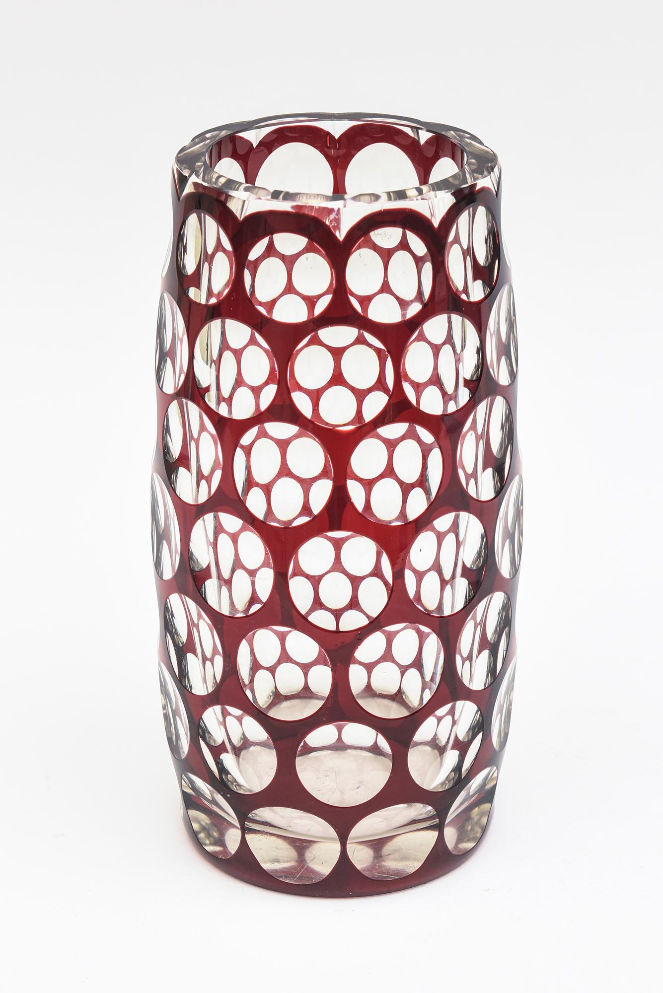 Honeycomb Optic Vintage Burgundy Red and Clear Czech Glass Vase For Sale 2