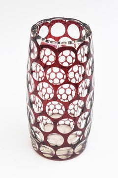 Vintage Burgundy Red and Clear Czech Glass Vase Optical Honeycomb Pattern 1950's