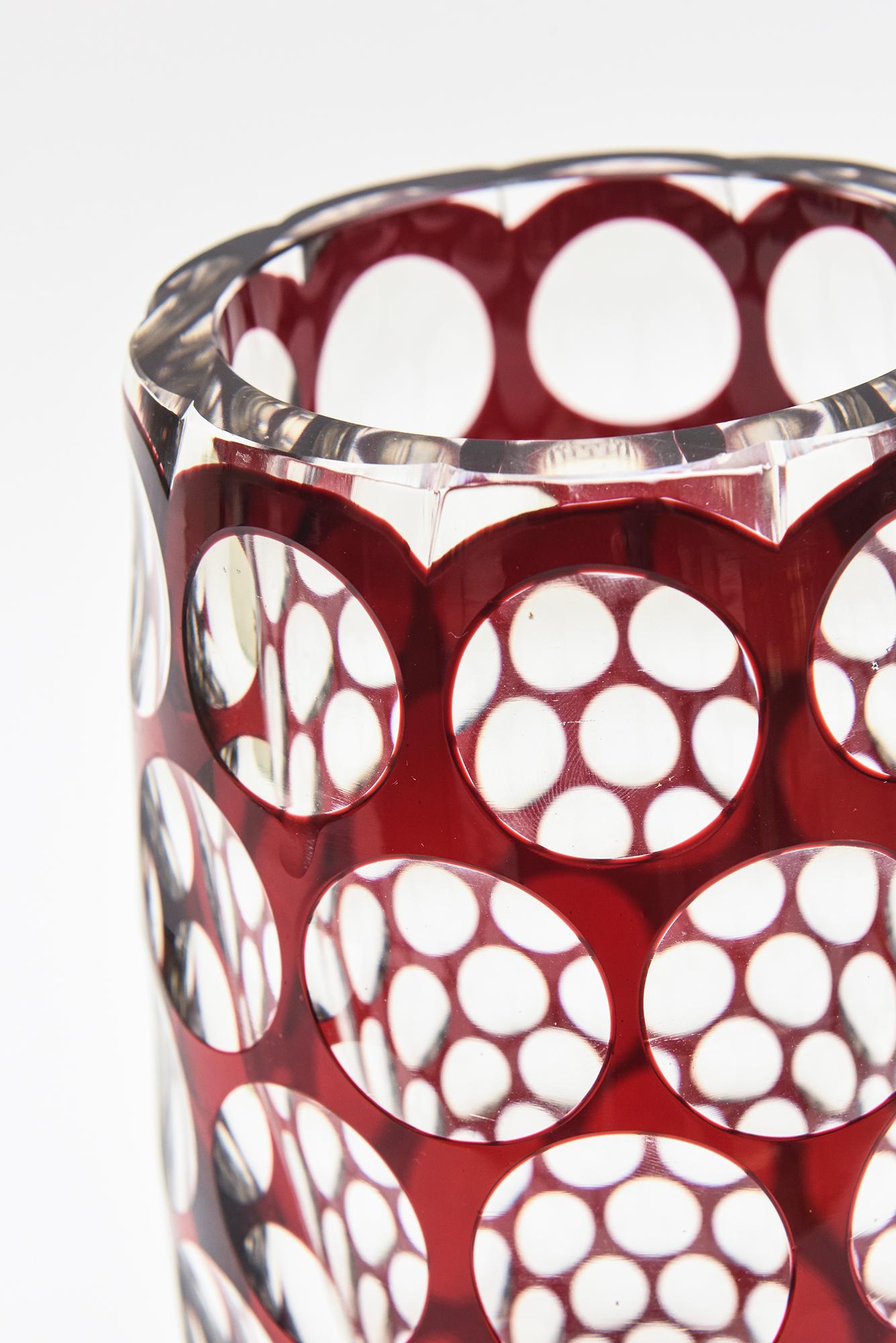 Mid-Century Modern Honeycomb Optic Vintage Burgundy Red and Clear Czech Glass Vase For Sale