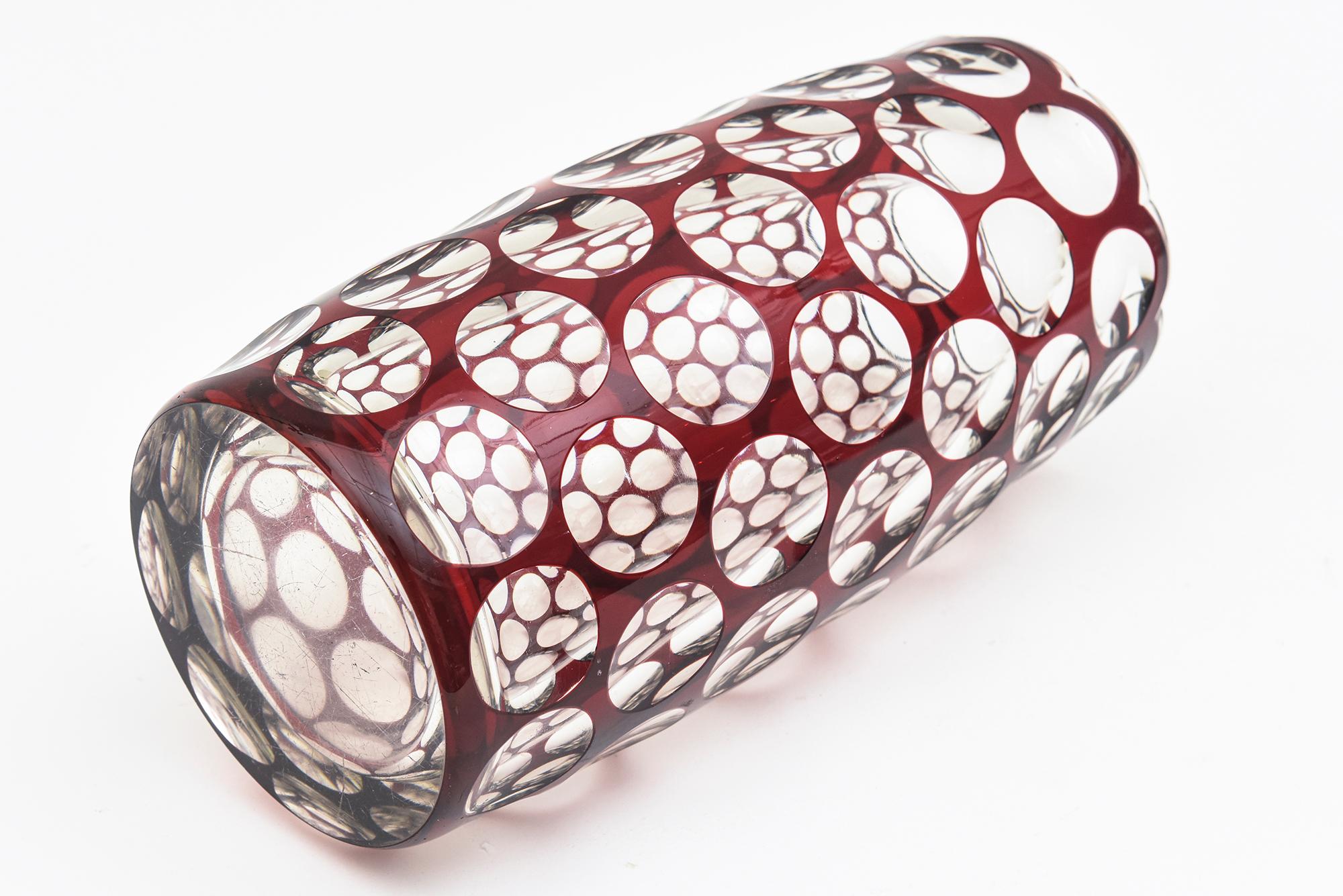 Mid-20th Century Honeycomb Optic Vintage Burgundy Red and Clear Czech Glass Vase For Sale