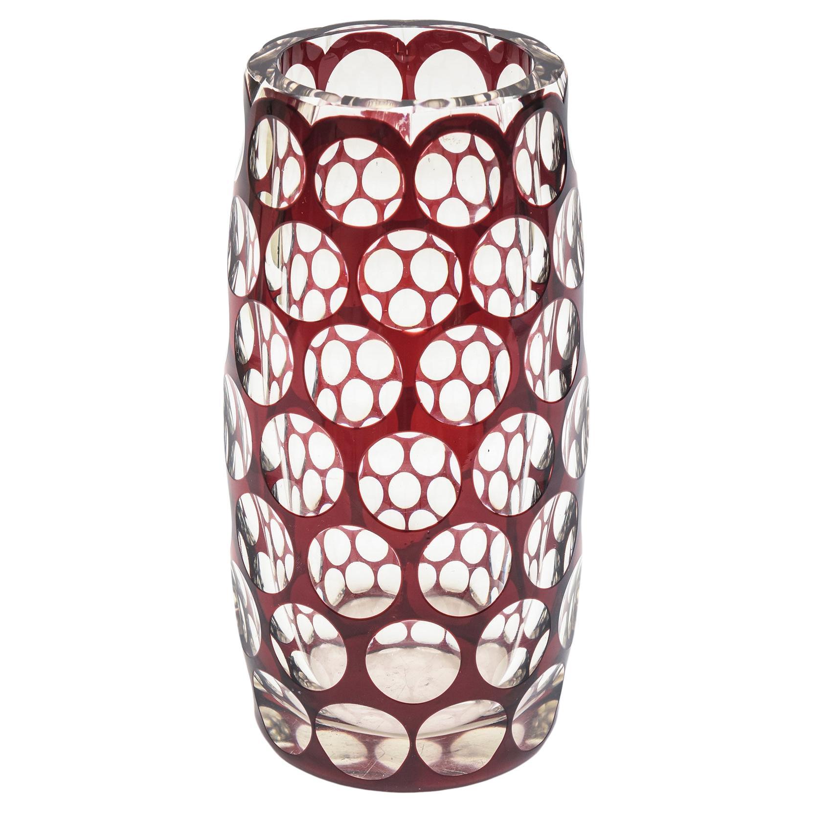 Honeycomb Optic Vintage Burgundy Red and Clear Czech Glass Vase For Sale