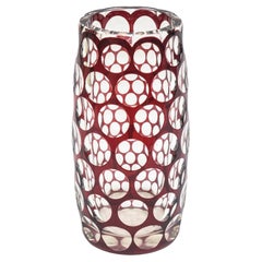 Vase en verre tchèque nid d'abeille Optic Vintage Bourgogne Rouge et Clair