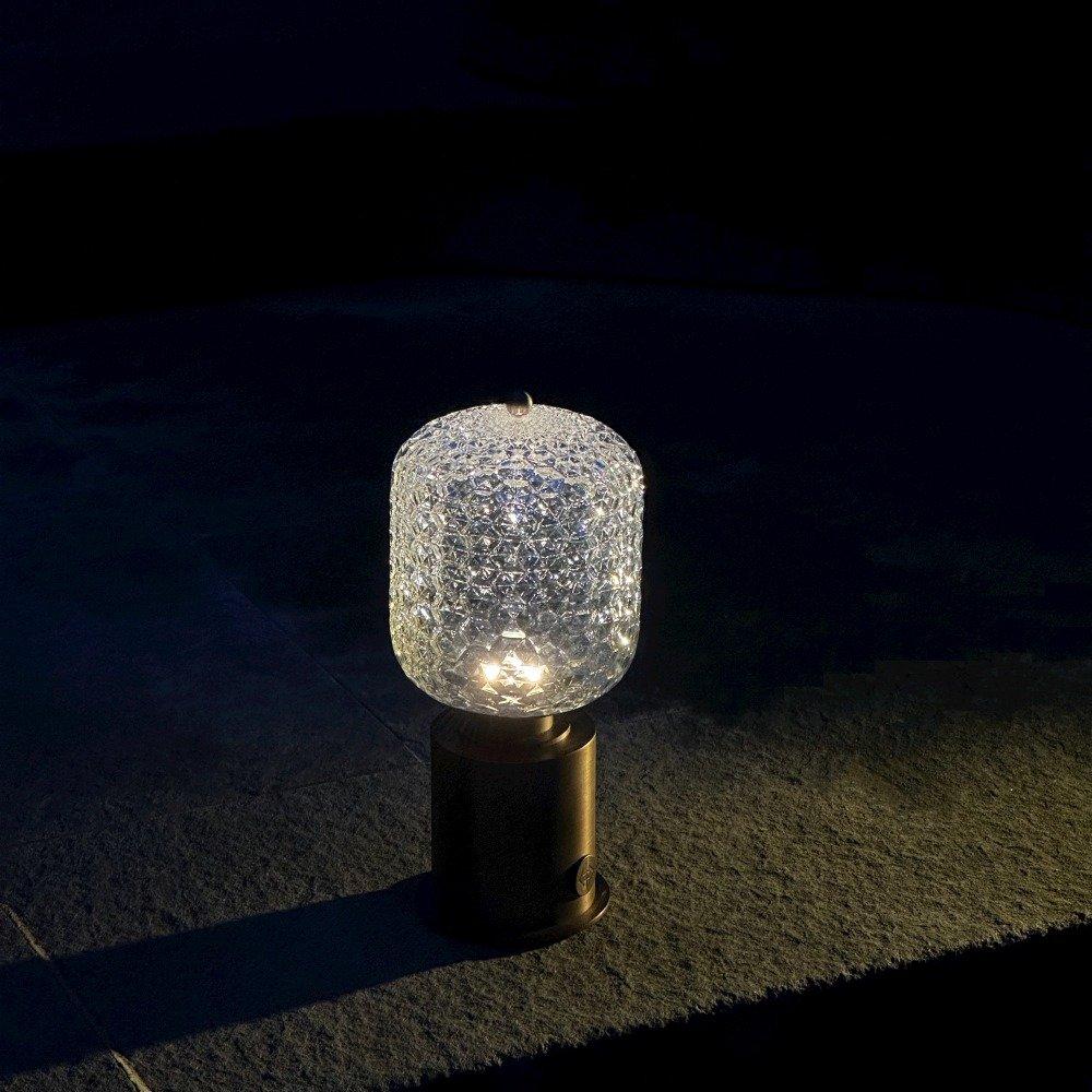 our honeycomb portable lamp creates poetic projections, it evokes a unique and captivating display of light and shadow. 

Description: Portable USB table lamp LED, rechargeable
Color: crystal and bronze
Material: bronze and glass

Brightness