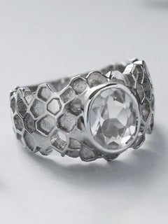 Honeycomb Rock Crystal Ring silver Oval Clear Quartz Natural Brazilian