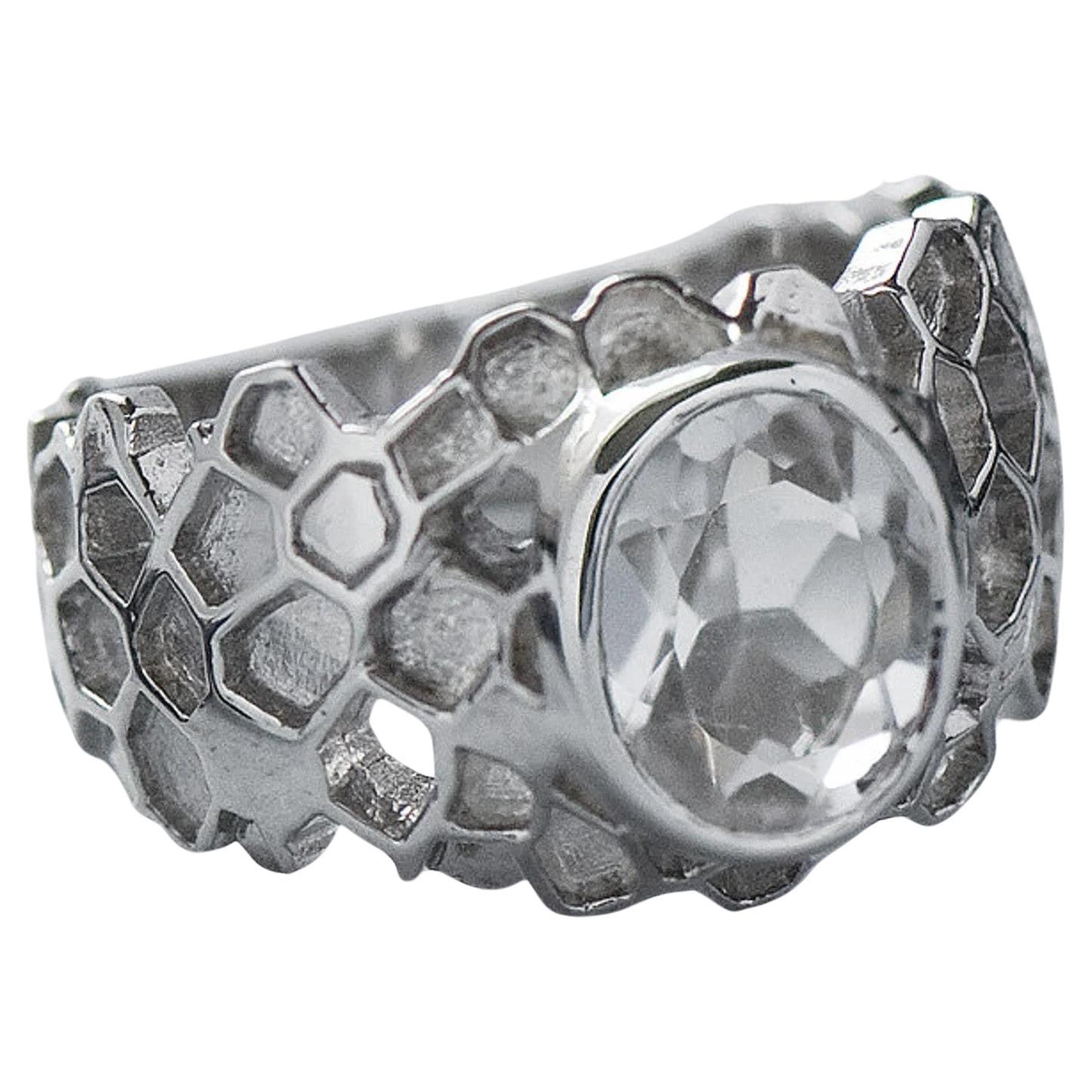Honeycomb Rock Crystal Ring silver Oval Clear Quartz Natural Brazilian