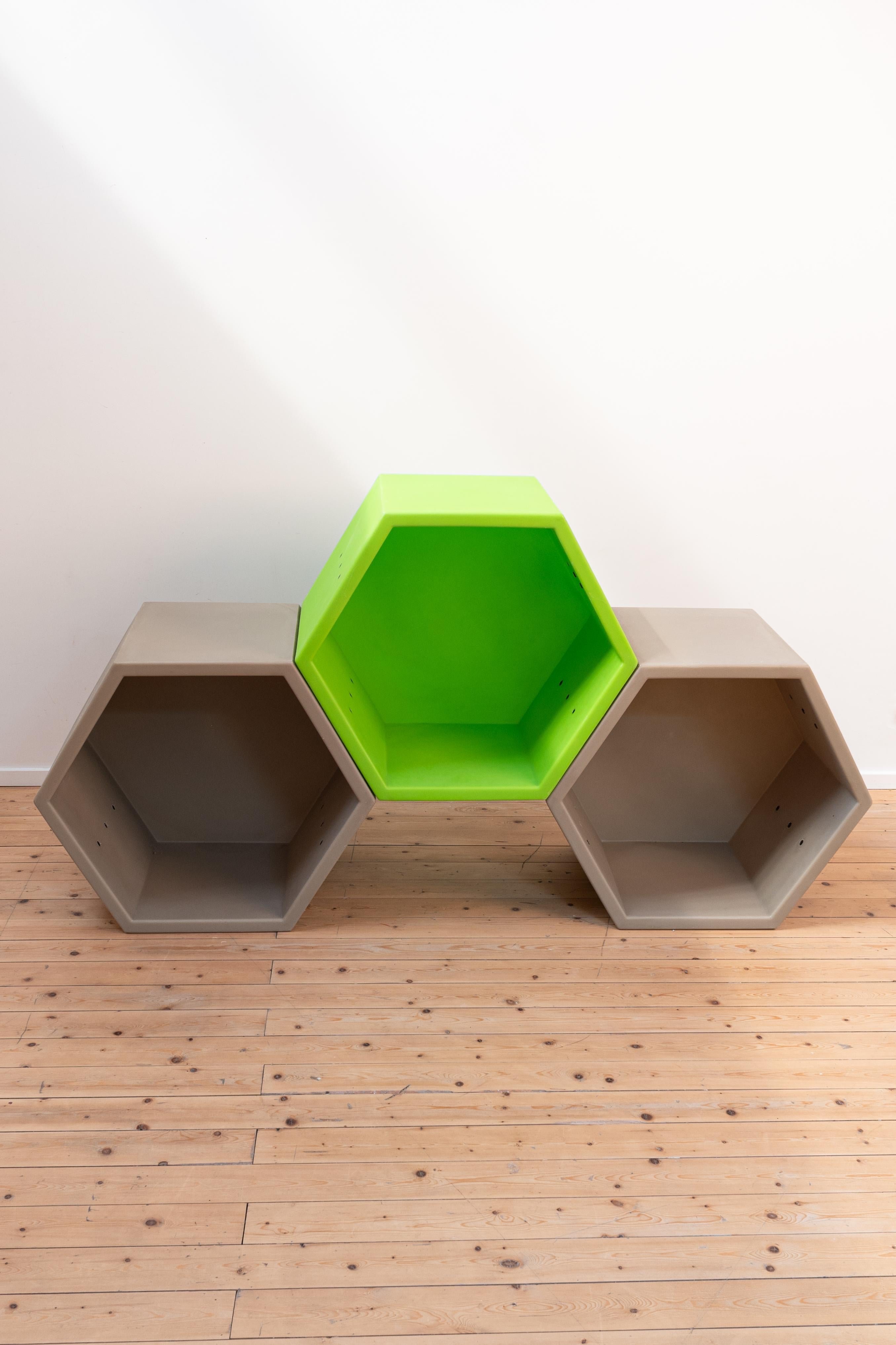 Honeycomb by Quinze & Milan and designer: Clive Wilkinson

Set comprises 1 green module and 2 grey modules. The black module is damaged and is added for free (if you want it) if you buy the set. 

