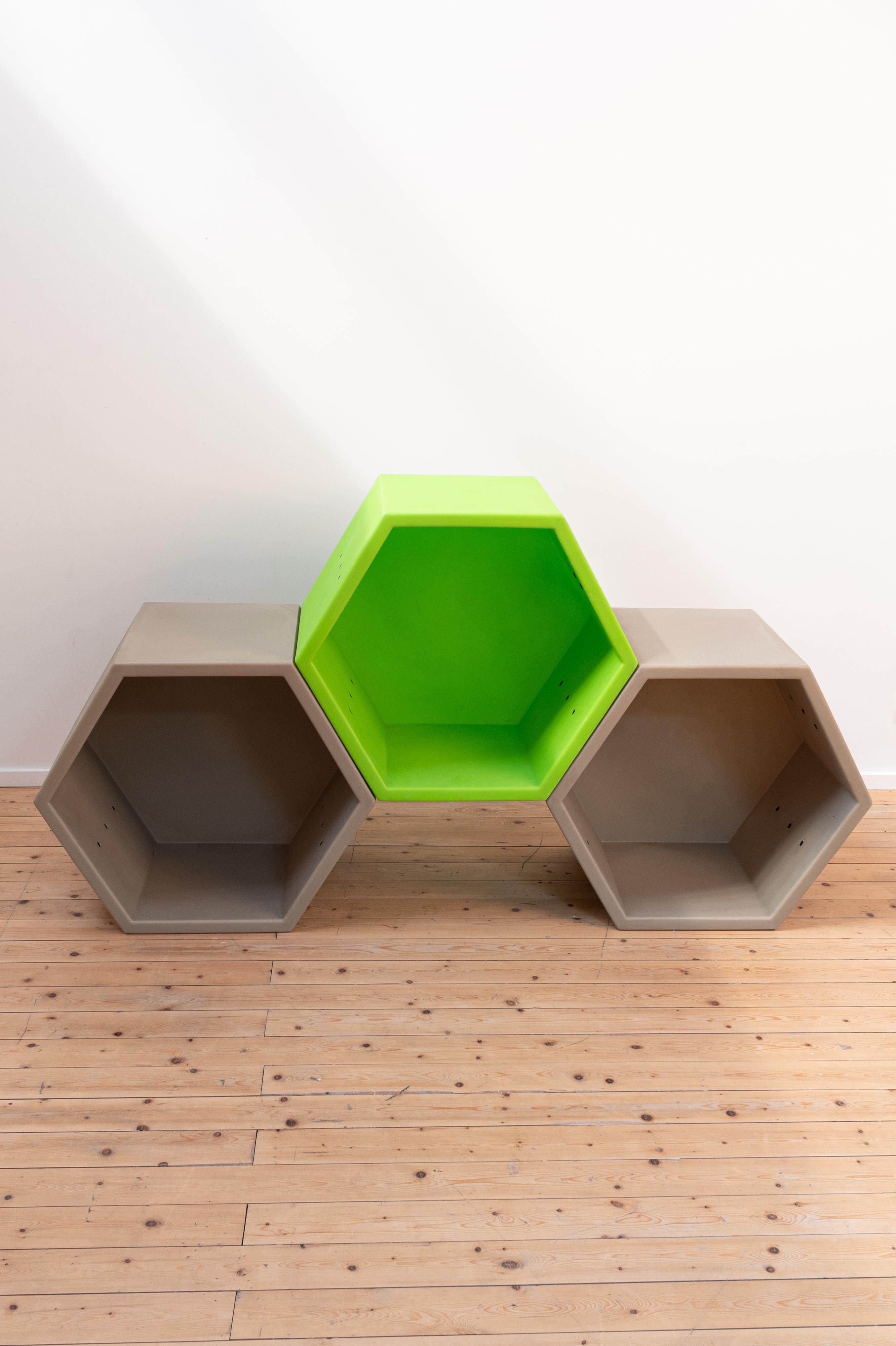 Honeycomb di Quinze & Milan e designer: Clive Wilkinson

Il set comprende 1 modulo verde e 2 moduli grigi. Il modulo nero è danneggiato e viene aggiunto gratuitamente (se lo vuoi) se acquisti il set. 

