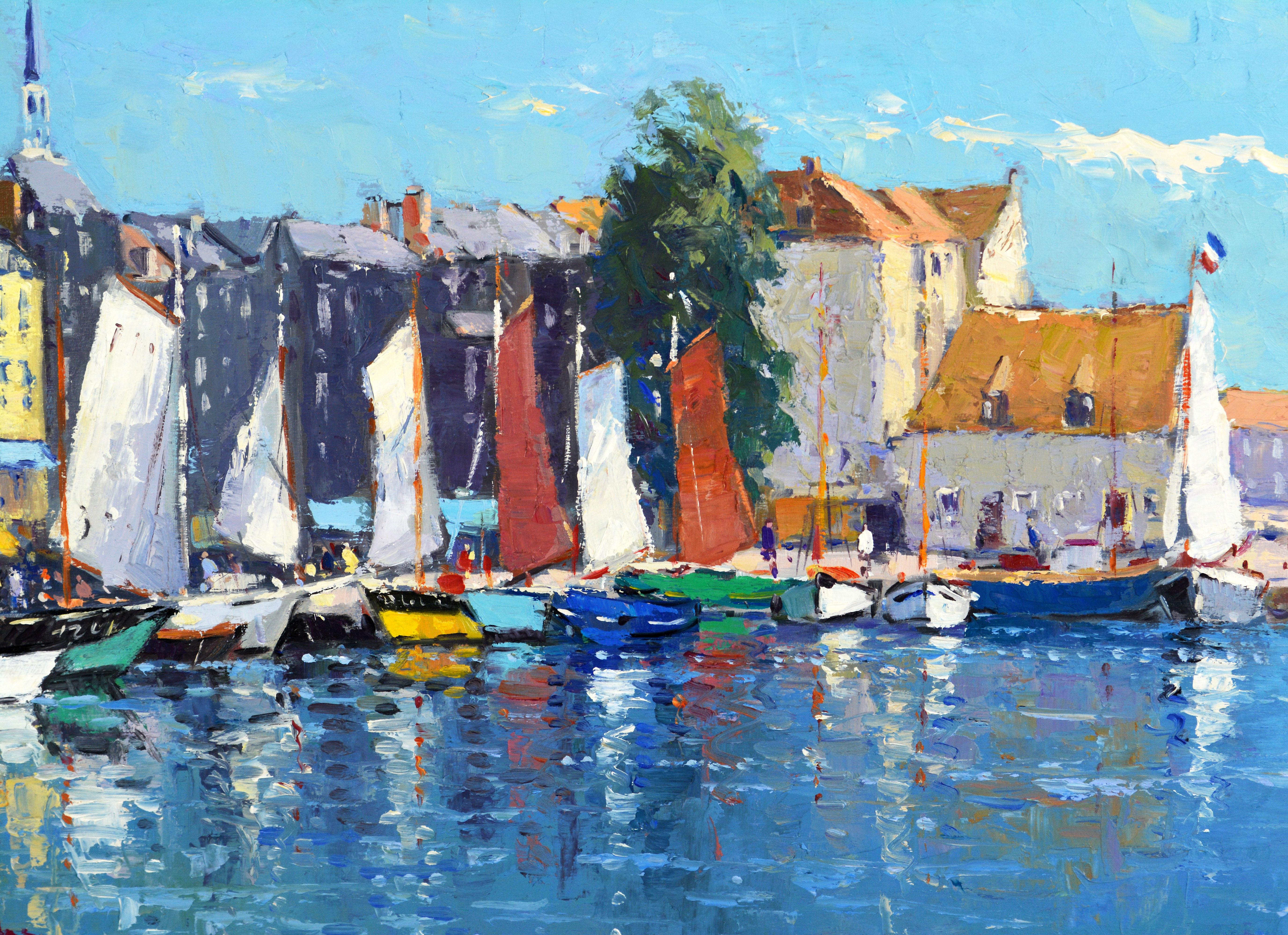 'Honfleur Harbor, Normandy'
By Niek van der Plas, Dutch b. 1954.
Dimensions: 14 x 18 in. without frame.
Oil on panel. Signed in lower right corner.
Sold without frame.

Niek van der Plas continues to enchant the viewer by subtle brushwork and