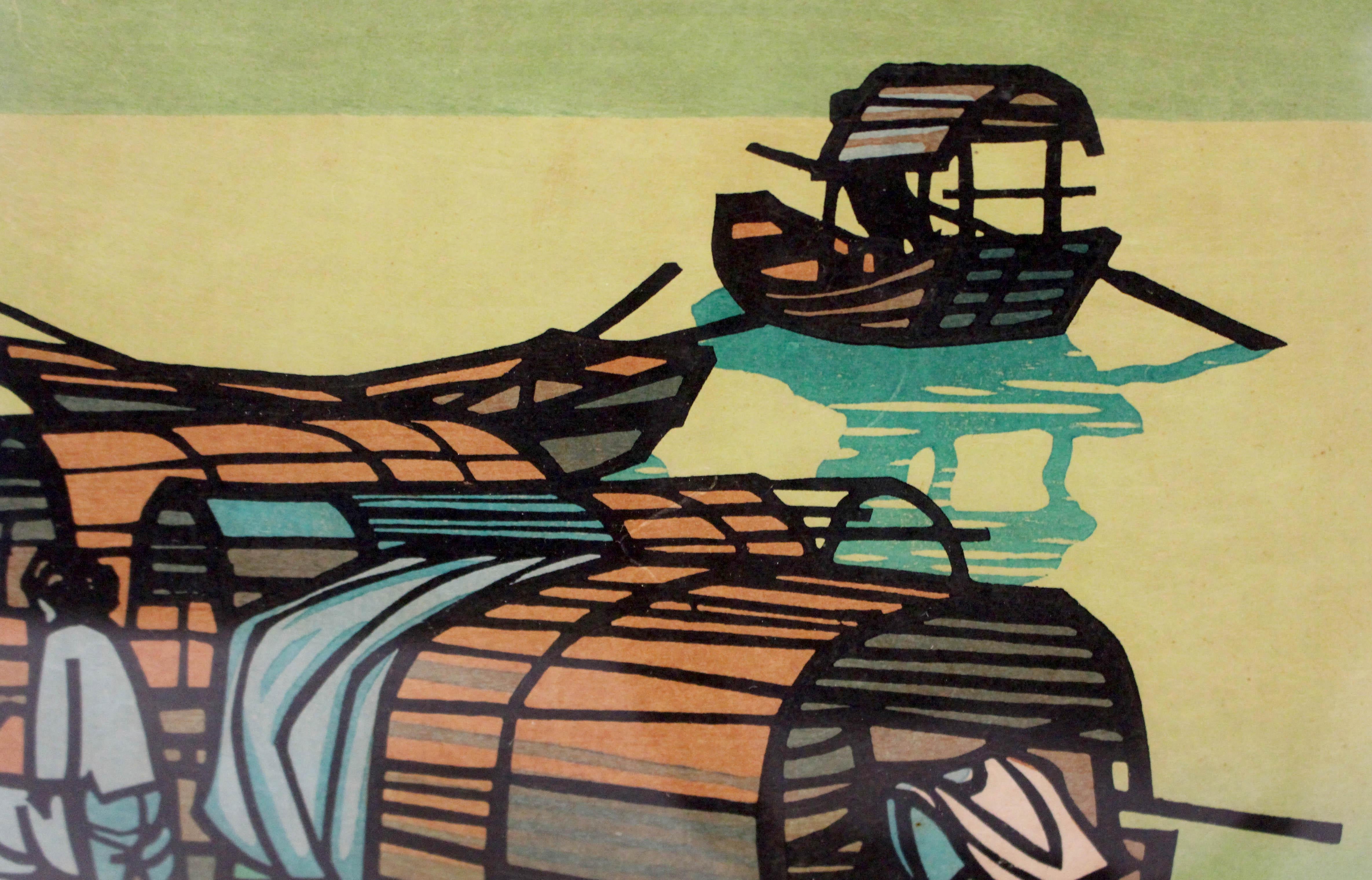 Hong Kong Boats II woodblock print by Clifton Karhu, 1969. #60/100, inscribed in pencil by the artist. American of Finnish heritage (1927-2007), Karhu settled in Japan after serving there in the war (returned as a missionary). Note on back: