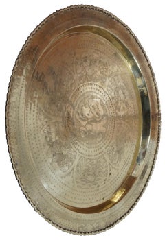 Hong Kong Chinese Engraved Round Brass Good Luck Fu Blessed Platter Plaque Tray