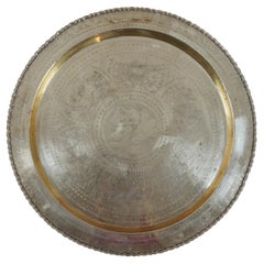 Hong Kong Chinese Engraved Round Brass Good Luck Fu Blessed Platter Plaque Tray