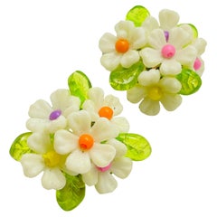 Vintage HONG KONG signed cluster lucite flower clip on earrings 