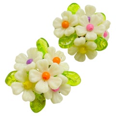 Vintage HONG KONG signed cluster lucite flower clip on earrings