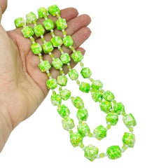 HONG KONG signed vintage gold tone glass green beaded designer necklace