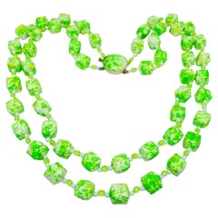 HONG KONG signed vintage gold tone glass green beaded designer necklace