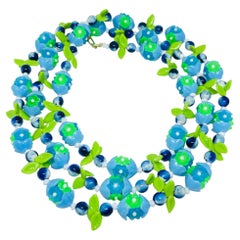 HONG KONG signed vintage lucite green blue flowers beaded designer necklace