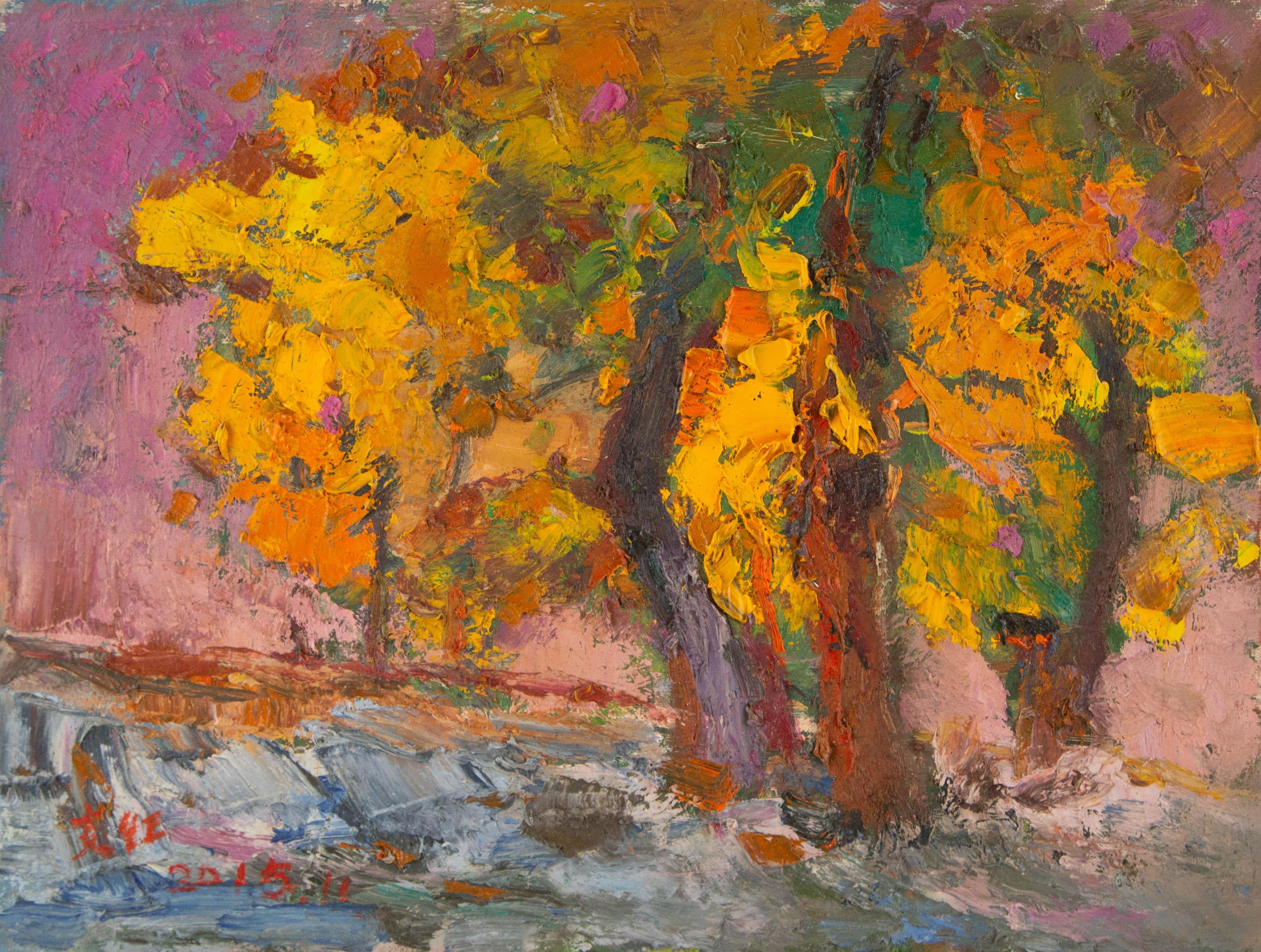 Hong Zhi Landscape Original Oil On Canvas "Fallen Leaves"