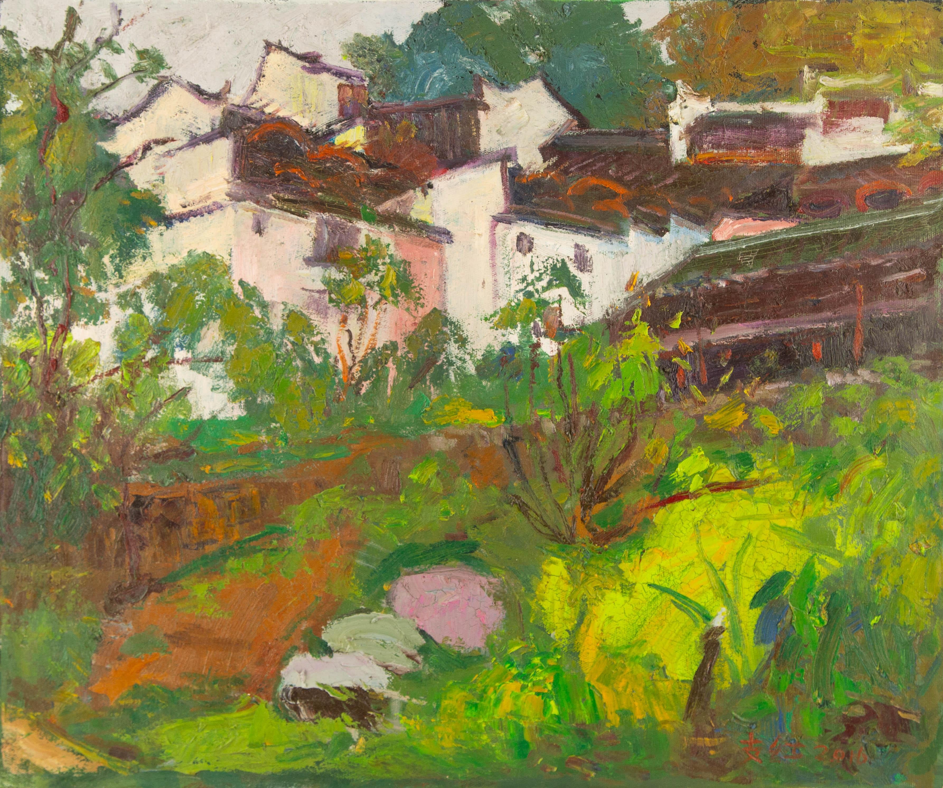 Hong Zhi Landscape Original Oil On Canvas "Steps Back Home"