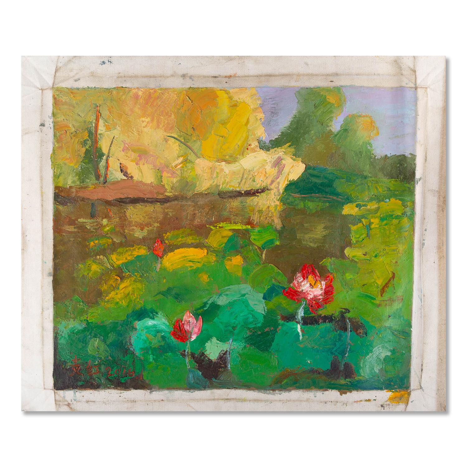 Peinture à l'huile originale du paysage Hong Zhi « Lily Pond in Sunset » en vente 1