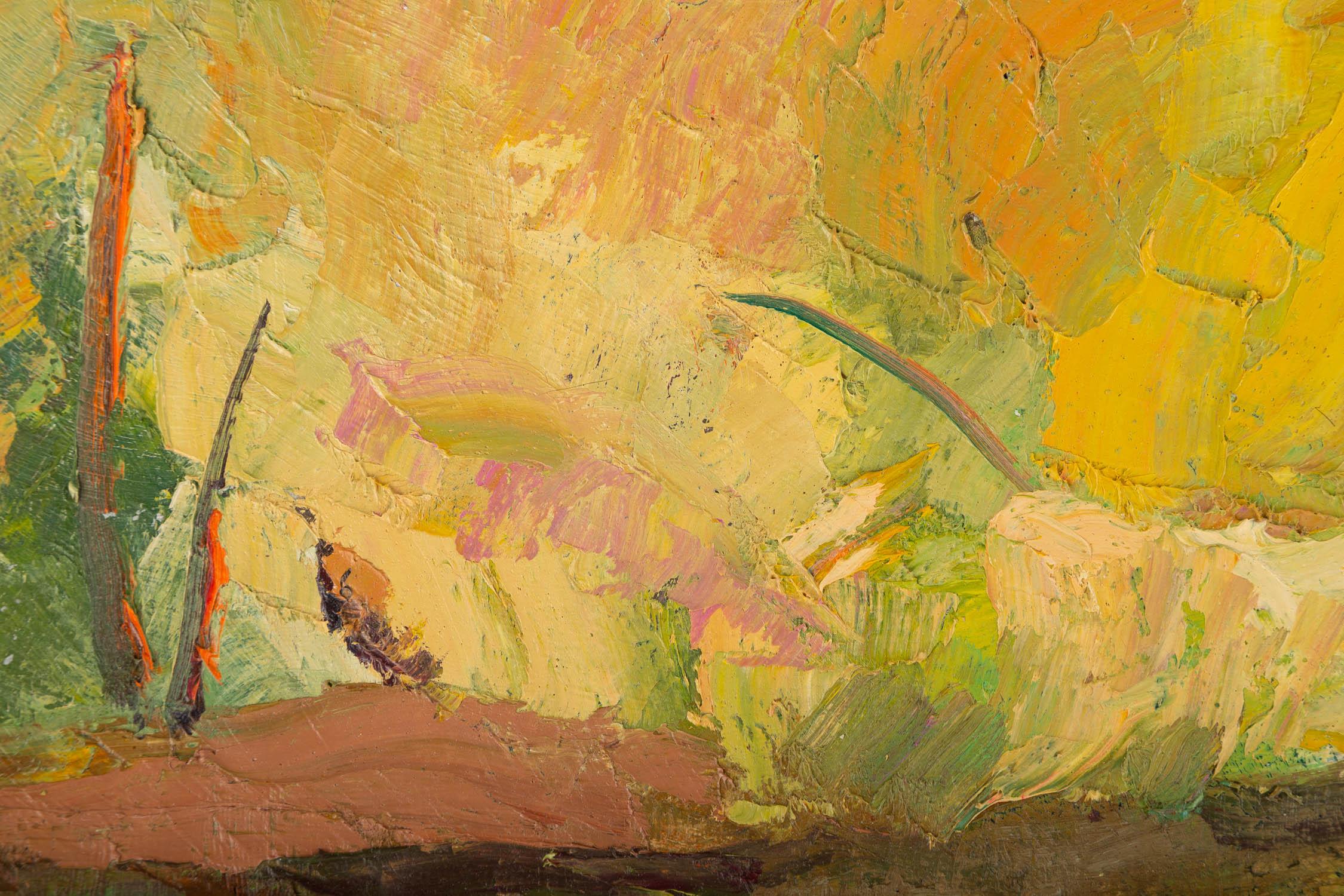 Peinture à l'huile originale du paysage Hong Zhi « Lily Pond in Sunset » en vente 2