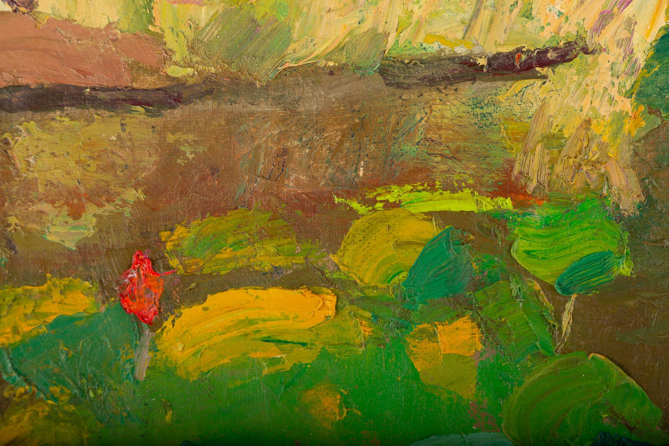 Peinture à l'huile originale du paysage Hong Zhi « Lily Pond in Sunset » en vente 3